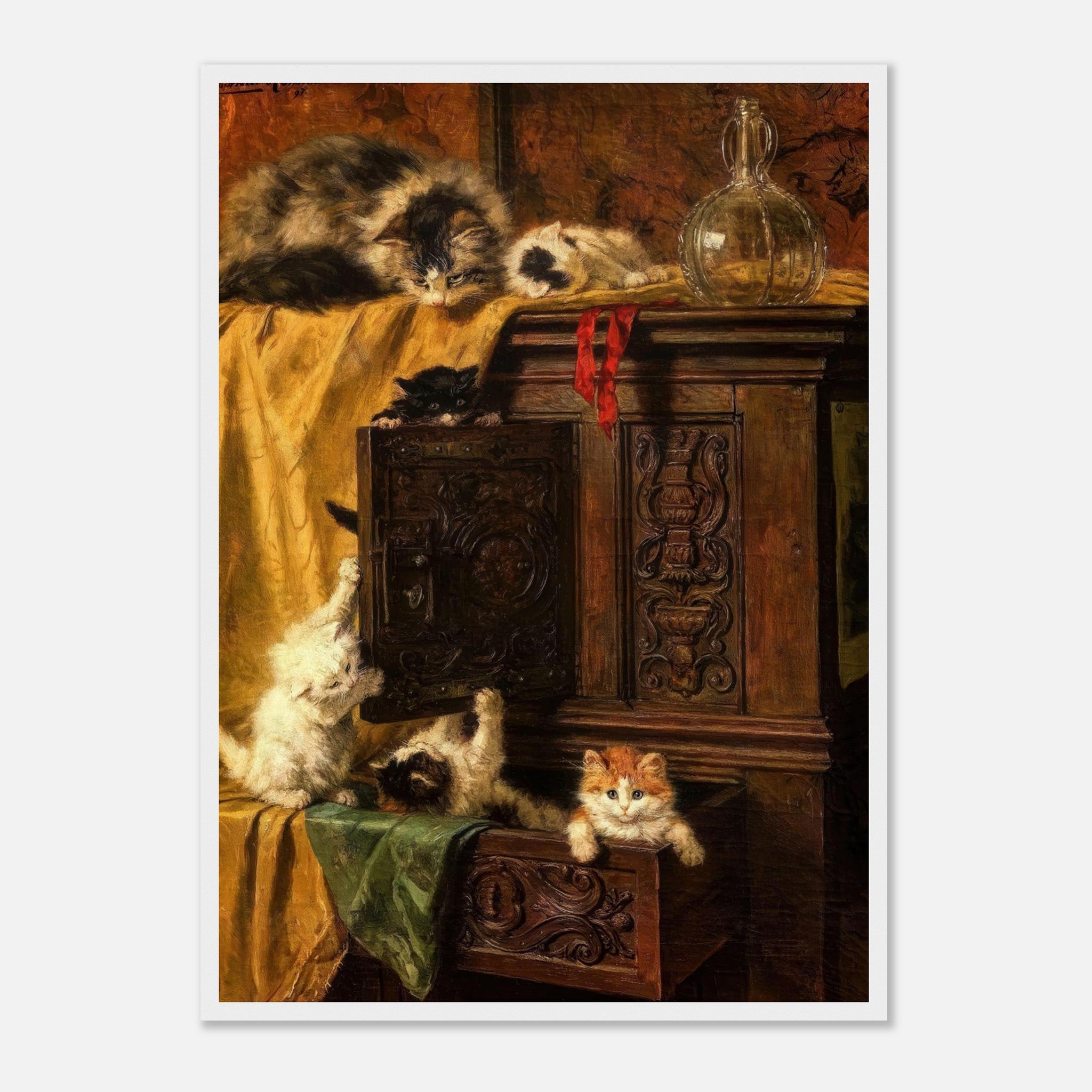 Vintage cat painting framed print featuring playful kittens on an antique wooden cabinet.