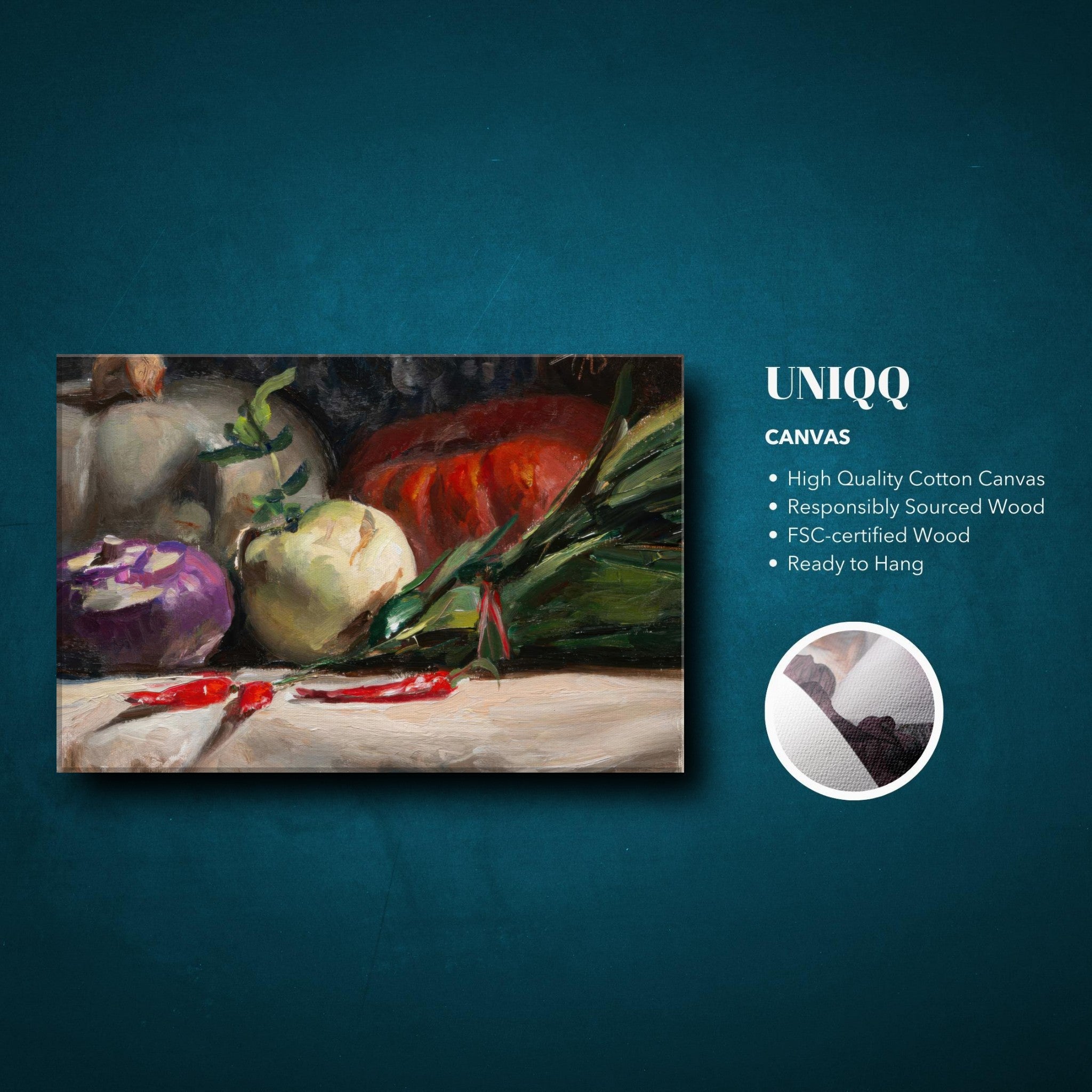 Still life canvas print featuring kohlrabi, pumpkins, and chilis on a rich background, perfect for kitchen decor.