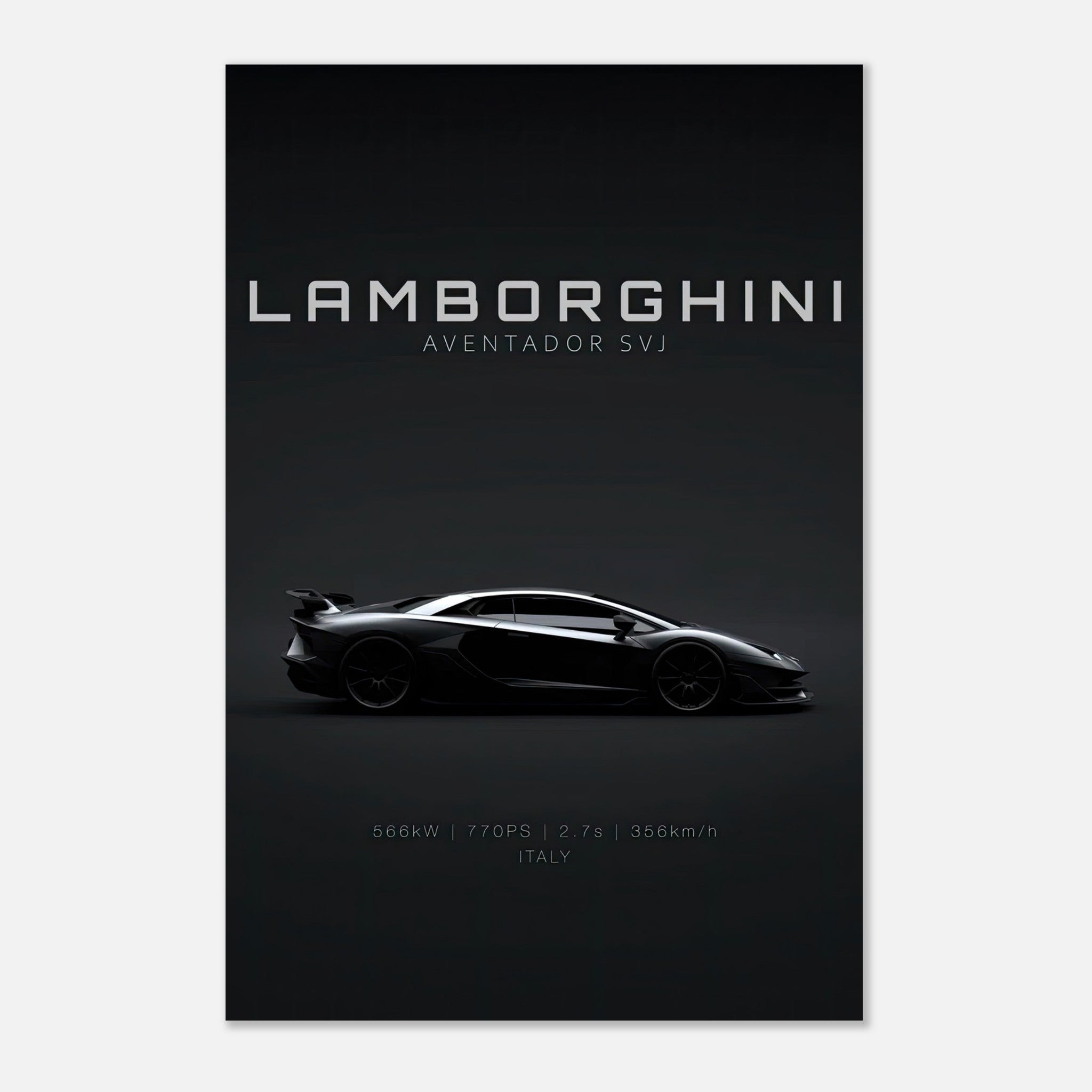 Lamborghini Aventador SVJ metal print showcasing its sleek design and powerful performance specifications.