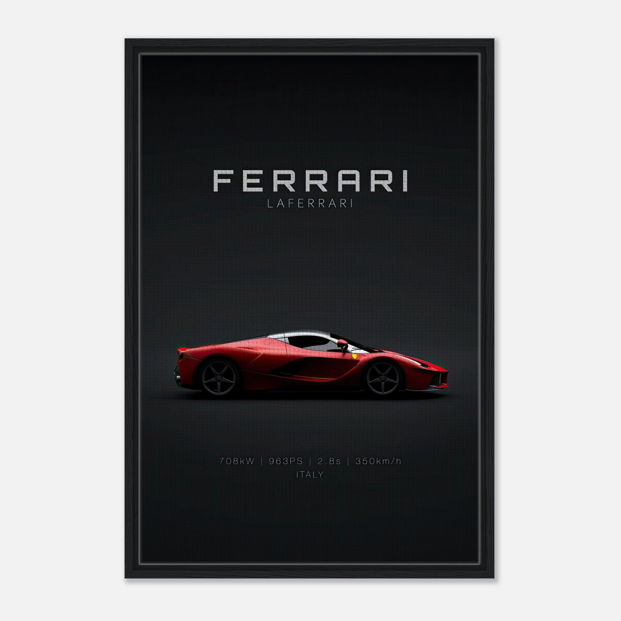 Ferrari Laferrari framed canvas showcasing sleek design on a minimalist black background.
