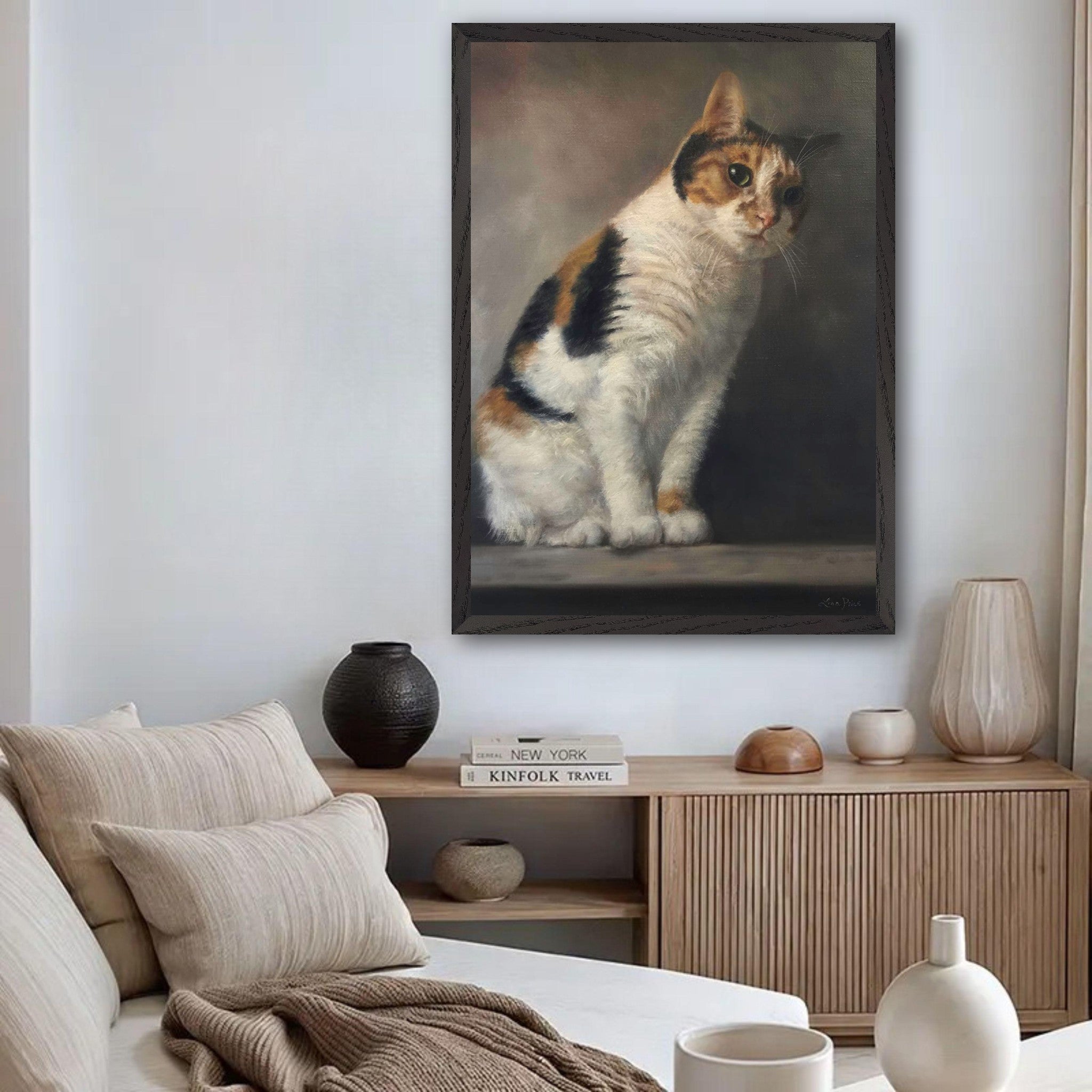 Realistic cat portrait painting in a modern living room, showcasing elegant feline beauty and fine art quality.