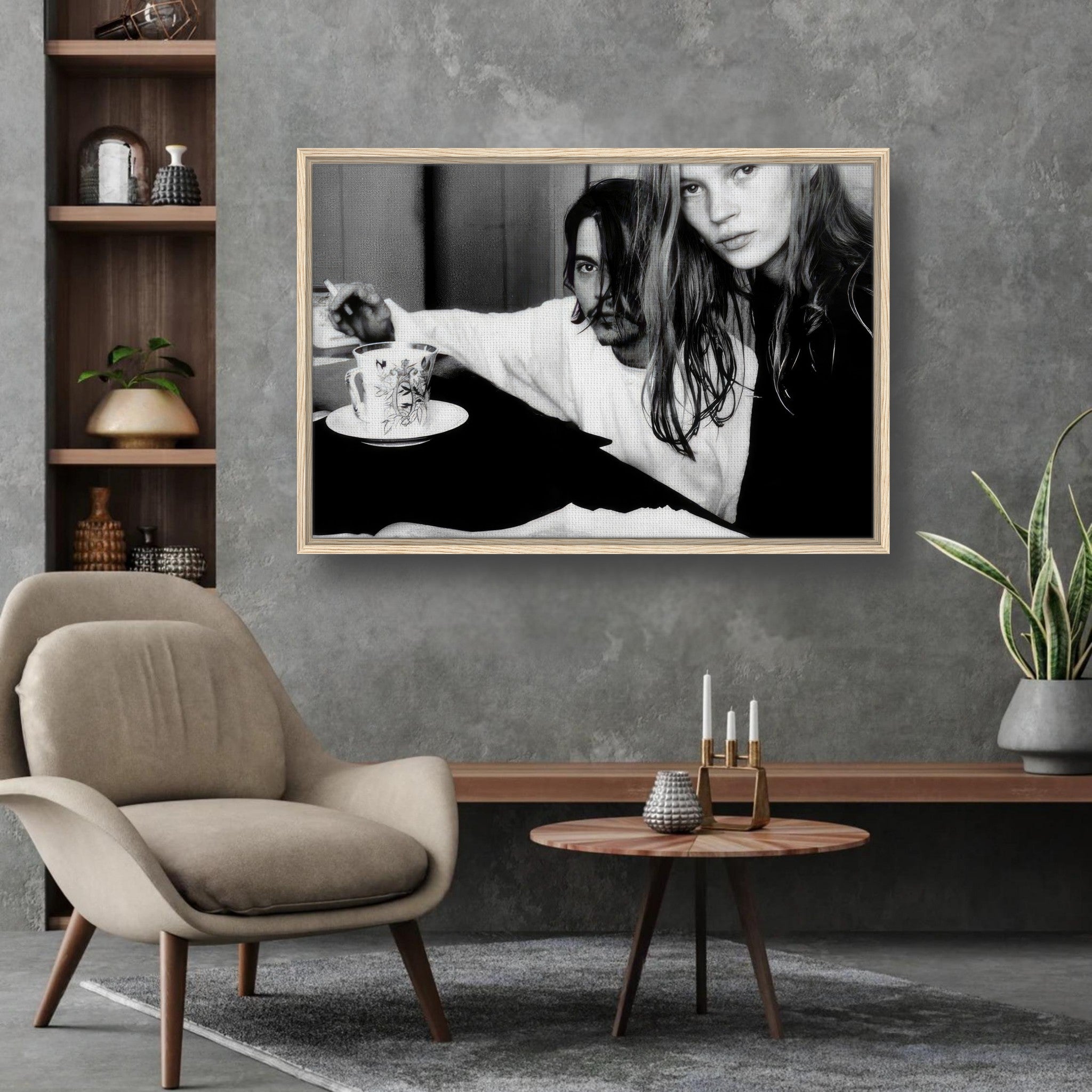 Framed canvas print of Johnny Depp and Kate Moss capturing 1990s celebrity romance in black-and-white photography.