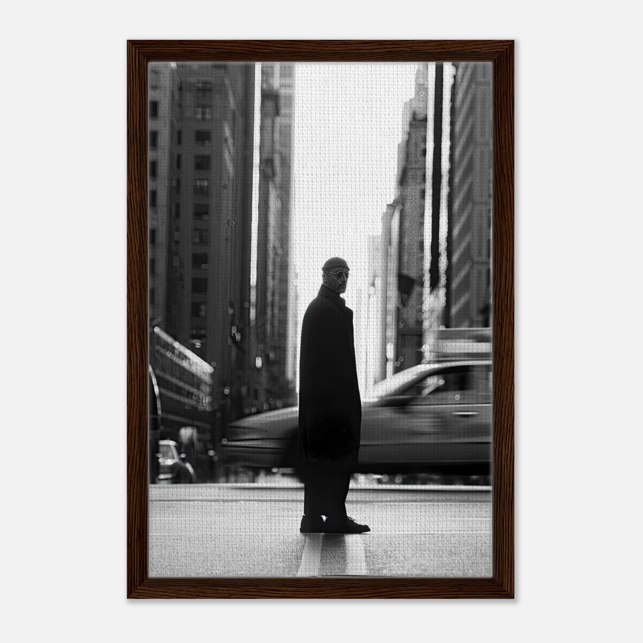 Jean Reno as Leon in a black-and-white framed canvas against a dynamic New York City background.
