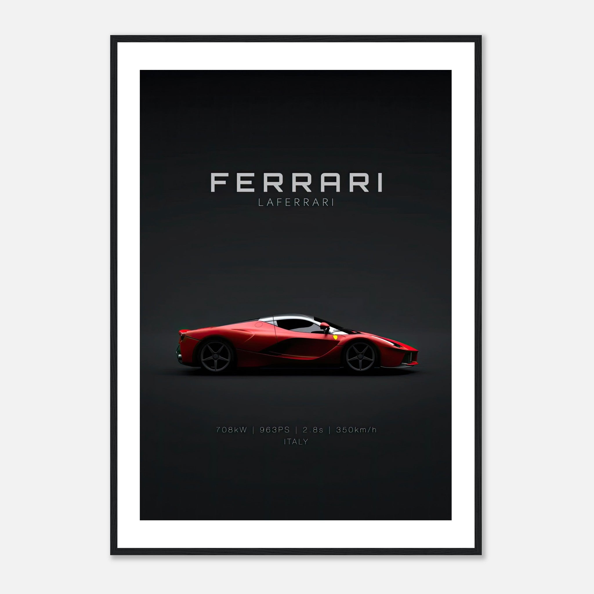 Ferrari Laferrari framed poster featuring sleek design and vibrant red color on a dark background.