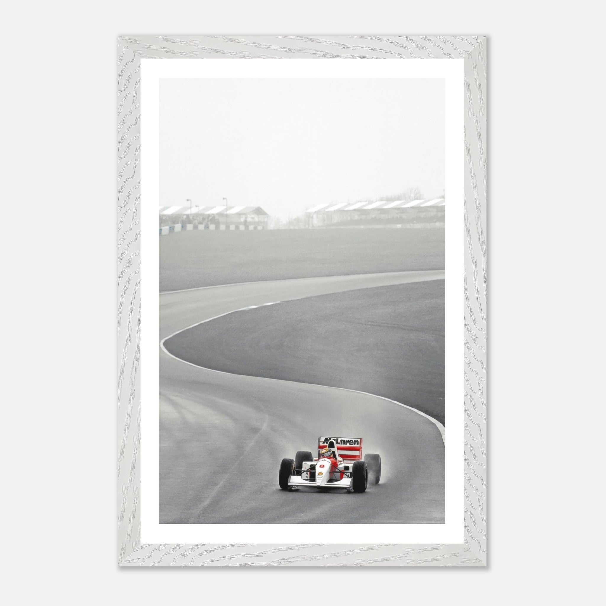 1988 Ayrton Senna McLaren MP4/4 framed Giclée fine art print capturing Formula 1 racing speed and precision.