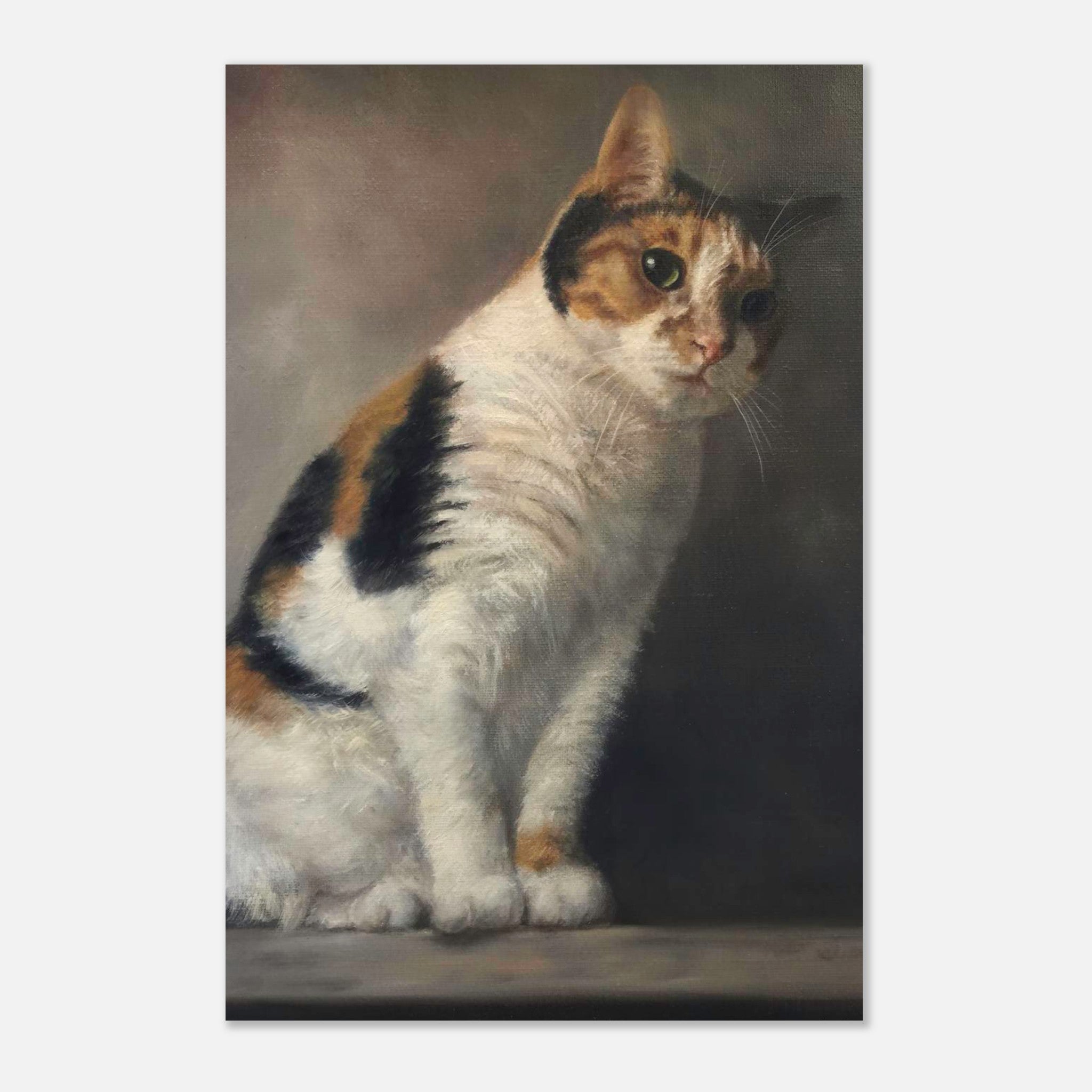Stunning realistic cat portrait painting metal print with lifelike details and expressive eyes.