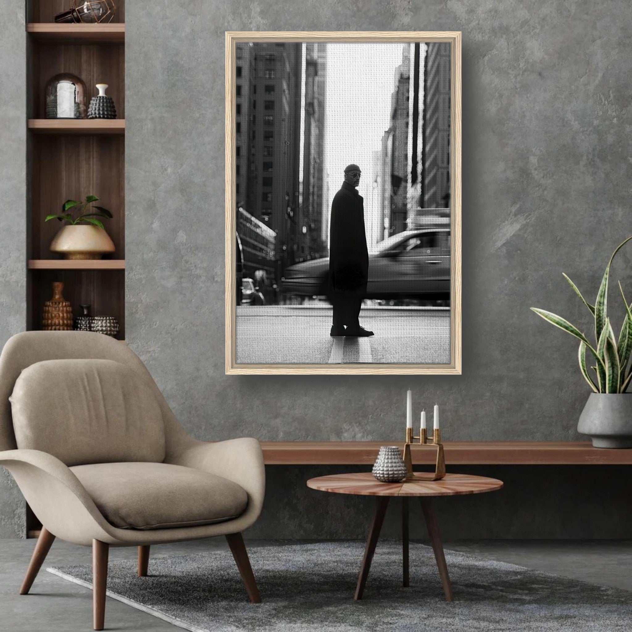Framed canvas of Jean Reno as Leon in New York, capturing urban elegance in black and white.