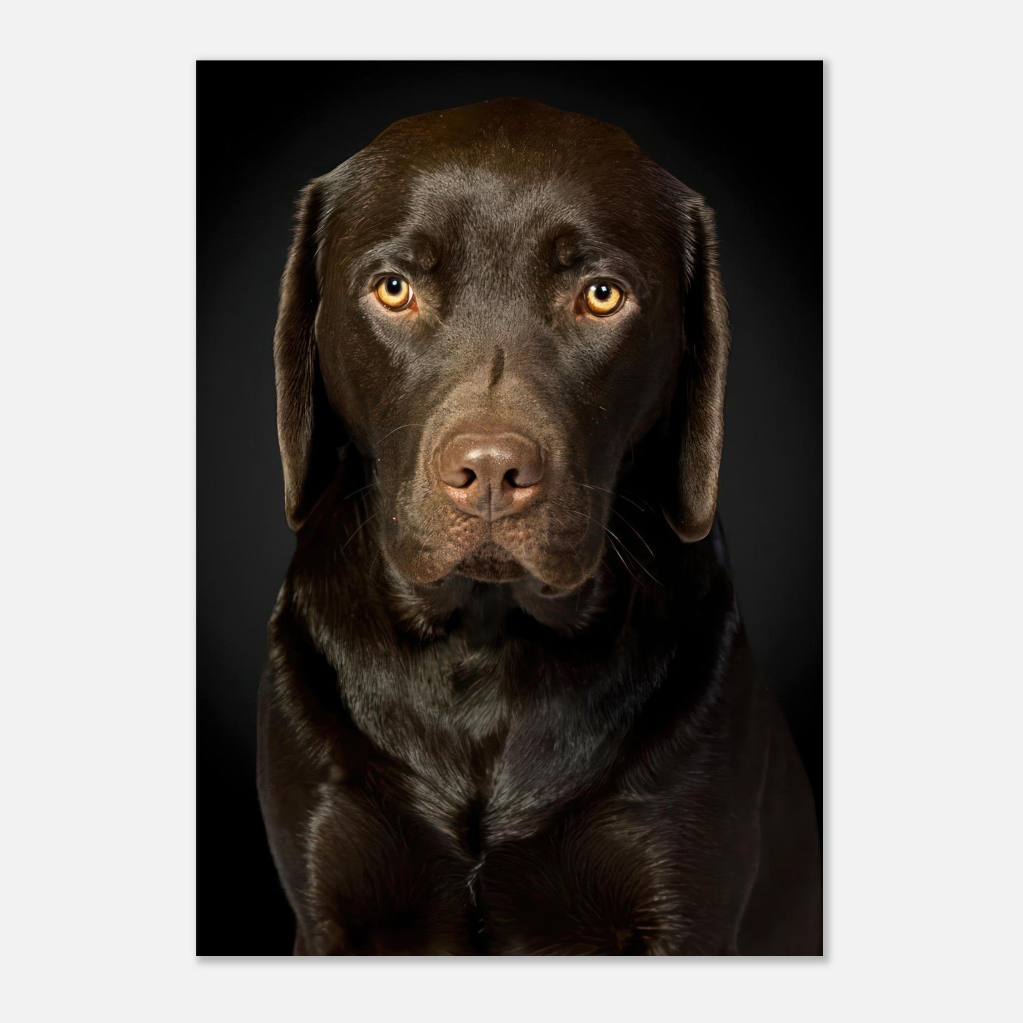 Chocolate Labrador portrait metal print featuring deep brown coat and expressive amber eyes on a dark background.