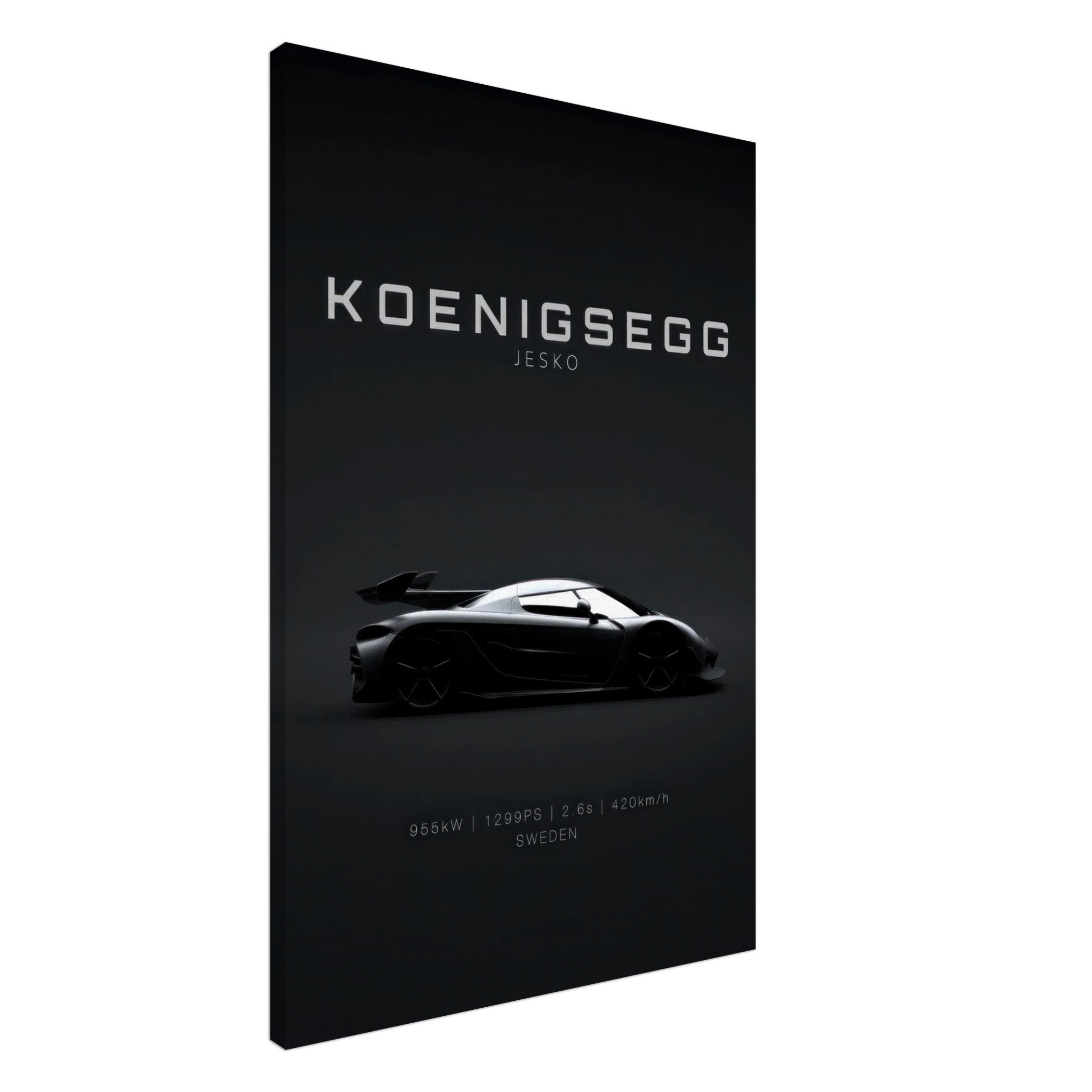 Koenigsegg Jesko canvas art featuring a sleek hypercar silhouette on a minimalist black background.