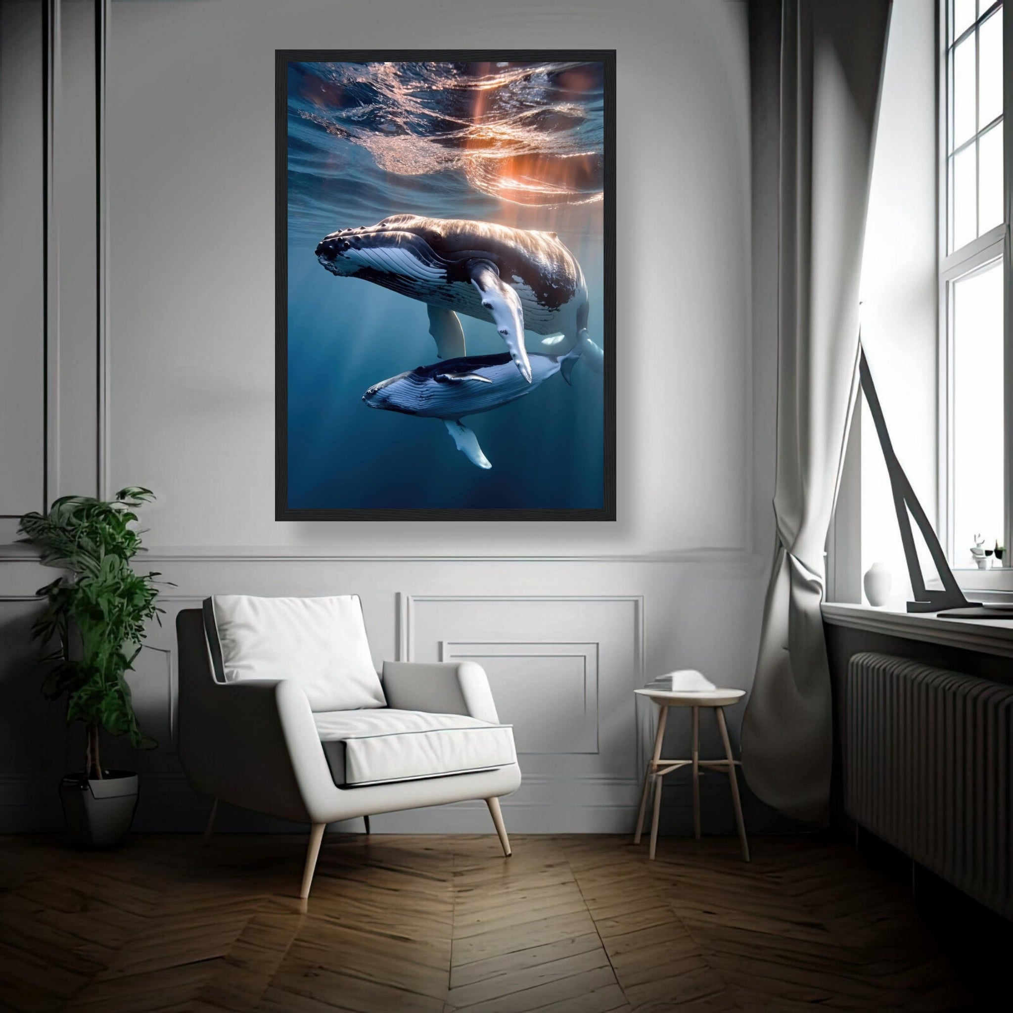 Stunning framed print of a humpback whale and calf swimming underwater in a sunlit ocean.