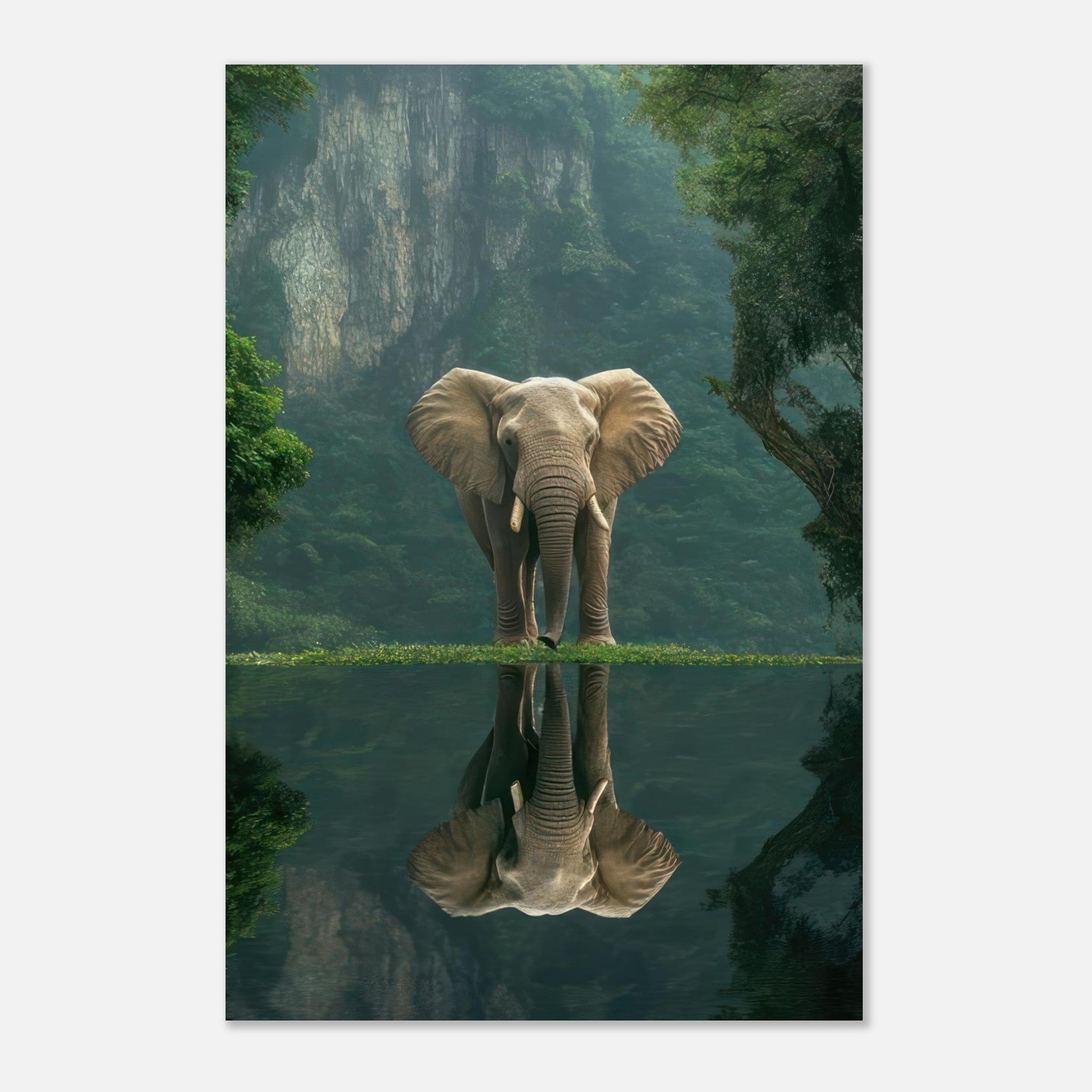Majestic jungle elephant standing by tranquil water, surrounded by lush greenery and cliffs, metal print artwork.