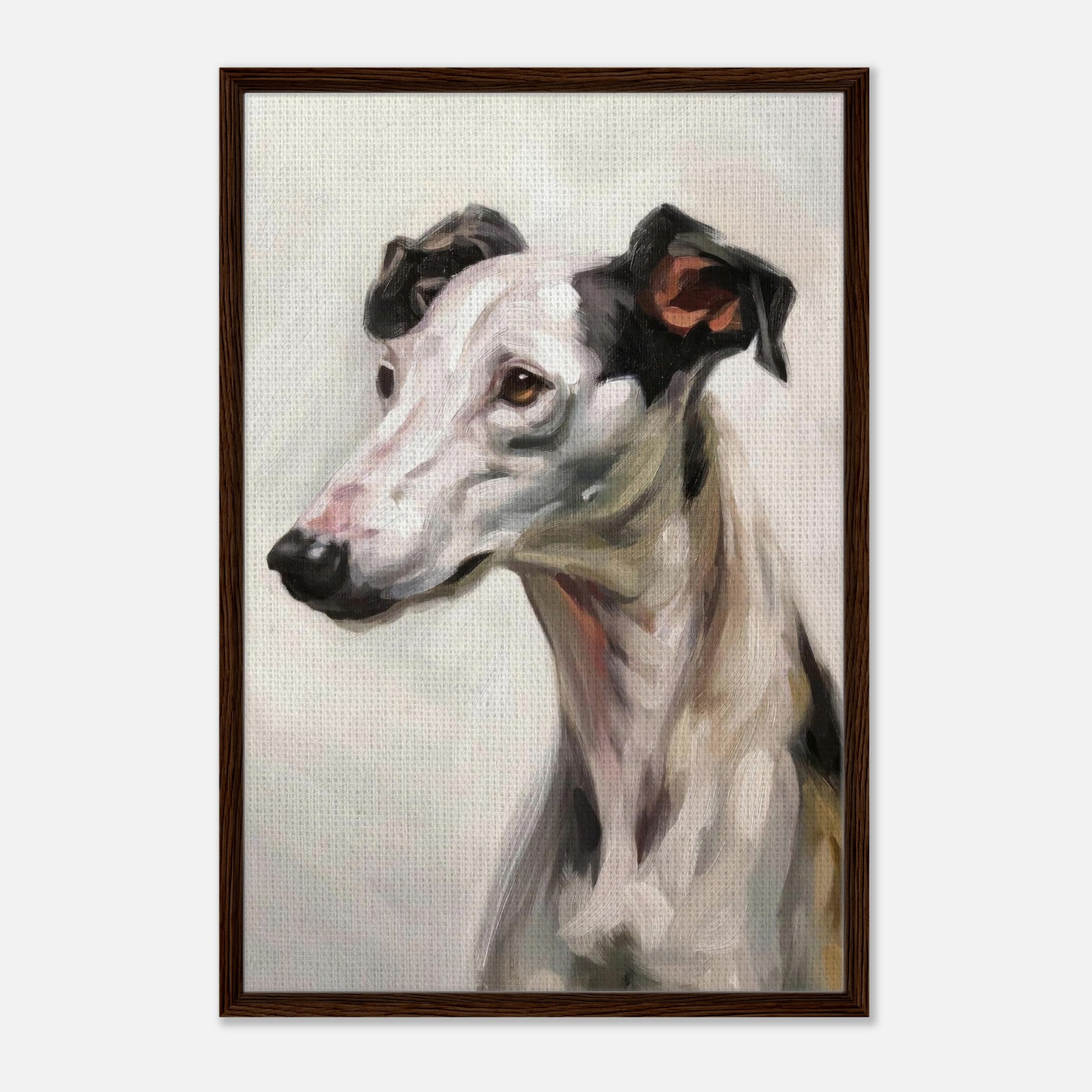 Elegant greyhound dog painting in a framed canvas print, showcasing the breed's grace and gentle nature.