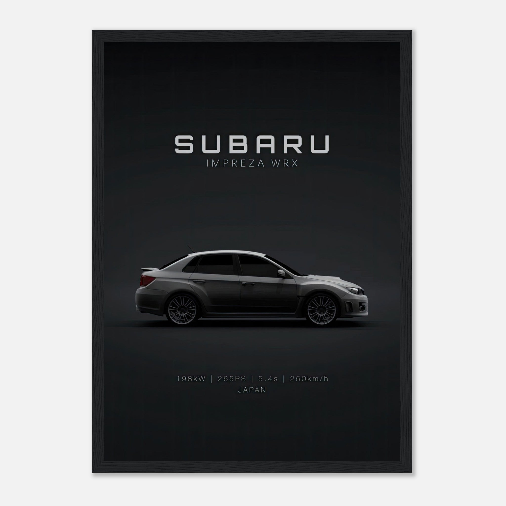 Subaru WRX framed poster featuring sleek design and specifications of the iconic car against a dark background.
