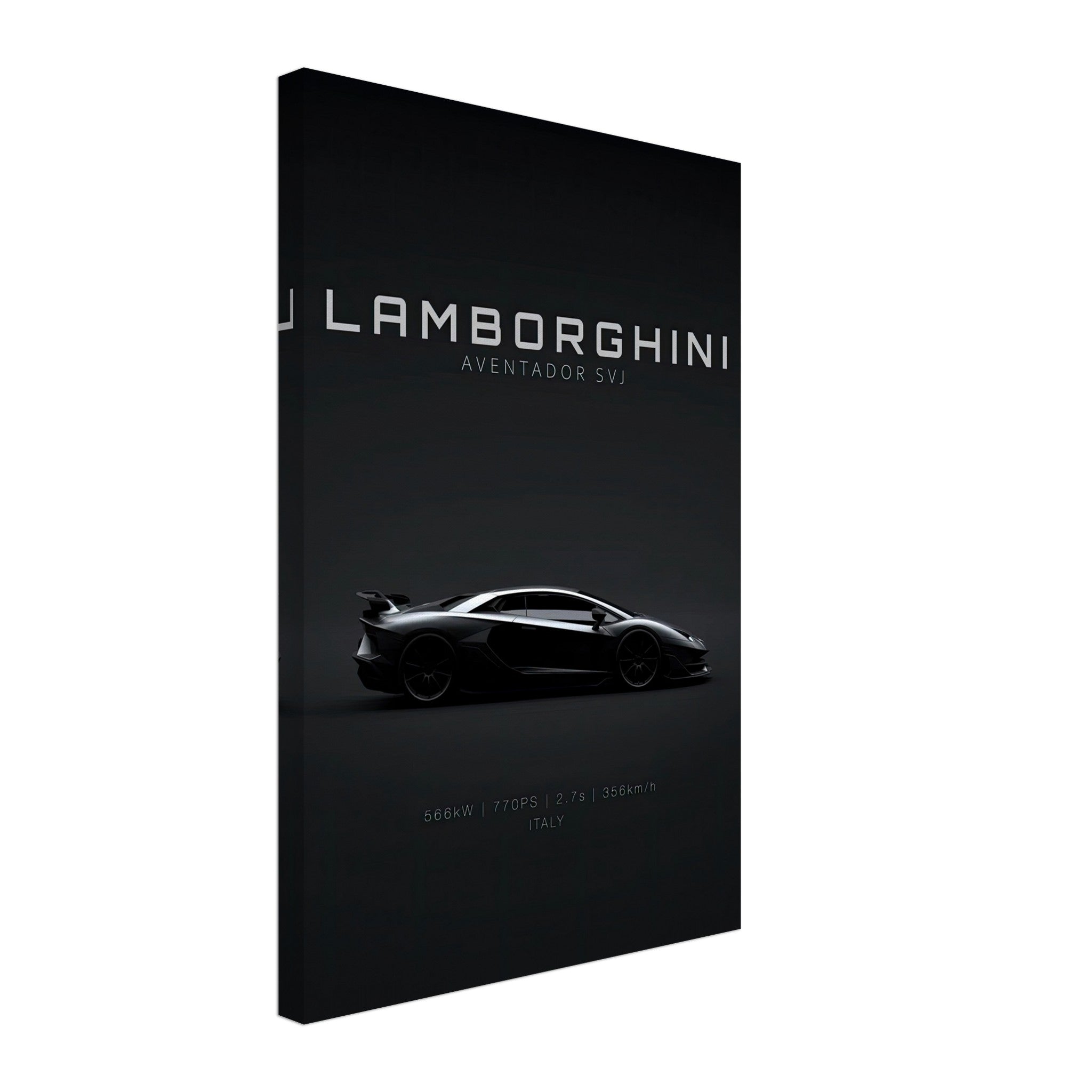 Lamborghini Aventador SVJ canvas art showcasing sleek design against a minimalist black background.