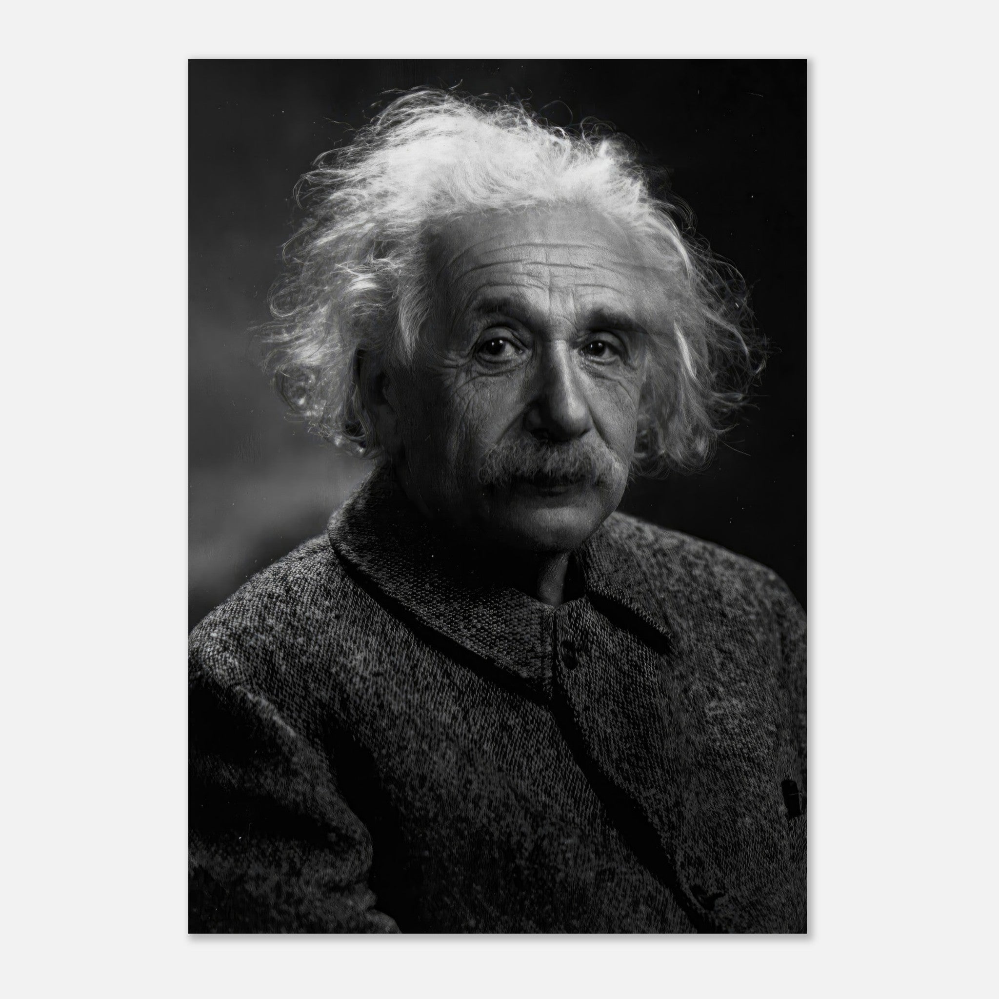 Albert Einstein portrait poster in black-and-white, showcasing the iconic physicist's thoughtful expression.