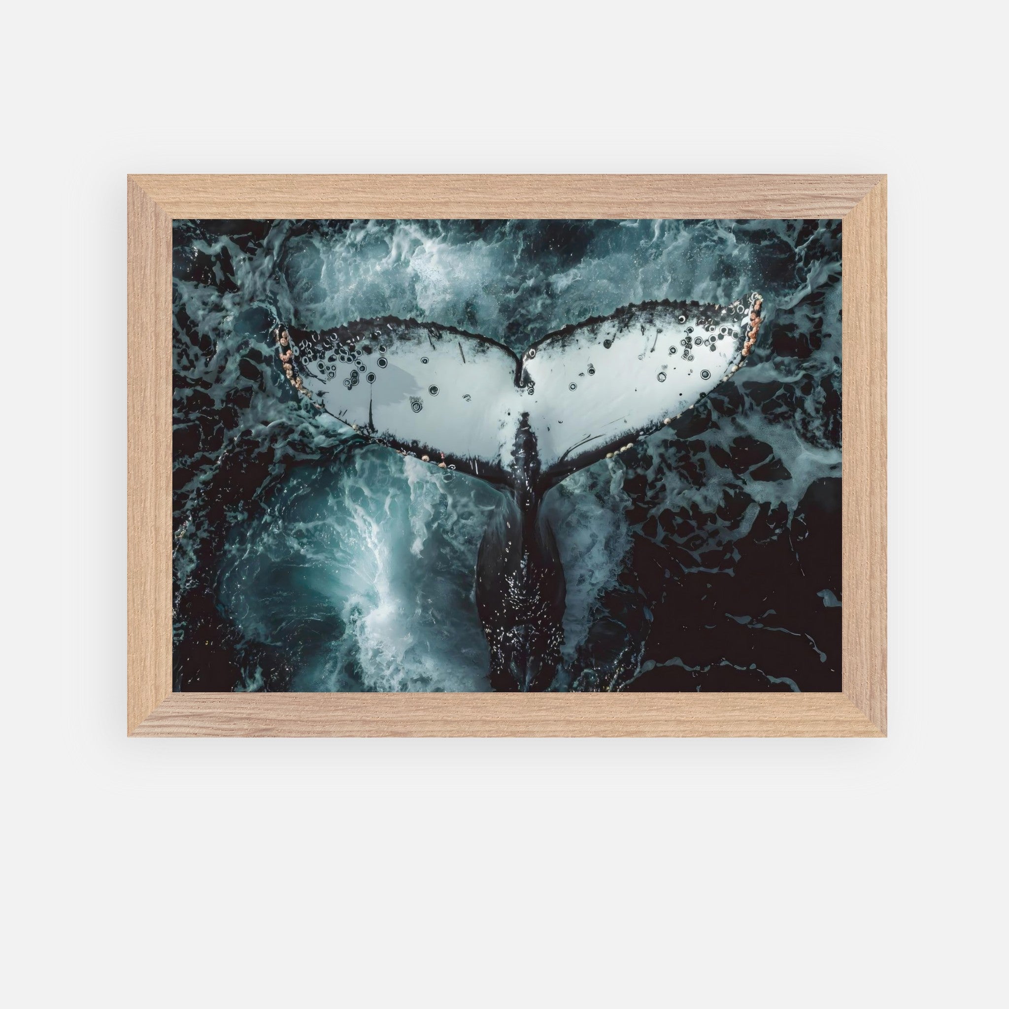 Humpback whale tail breaking through ocean waves in vintage framed art.
