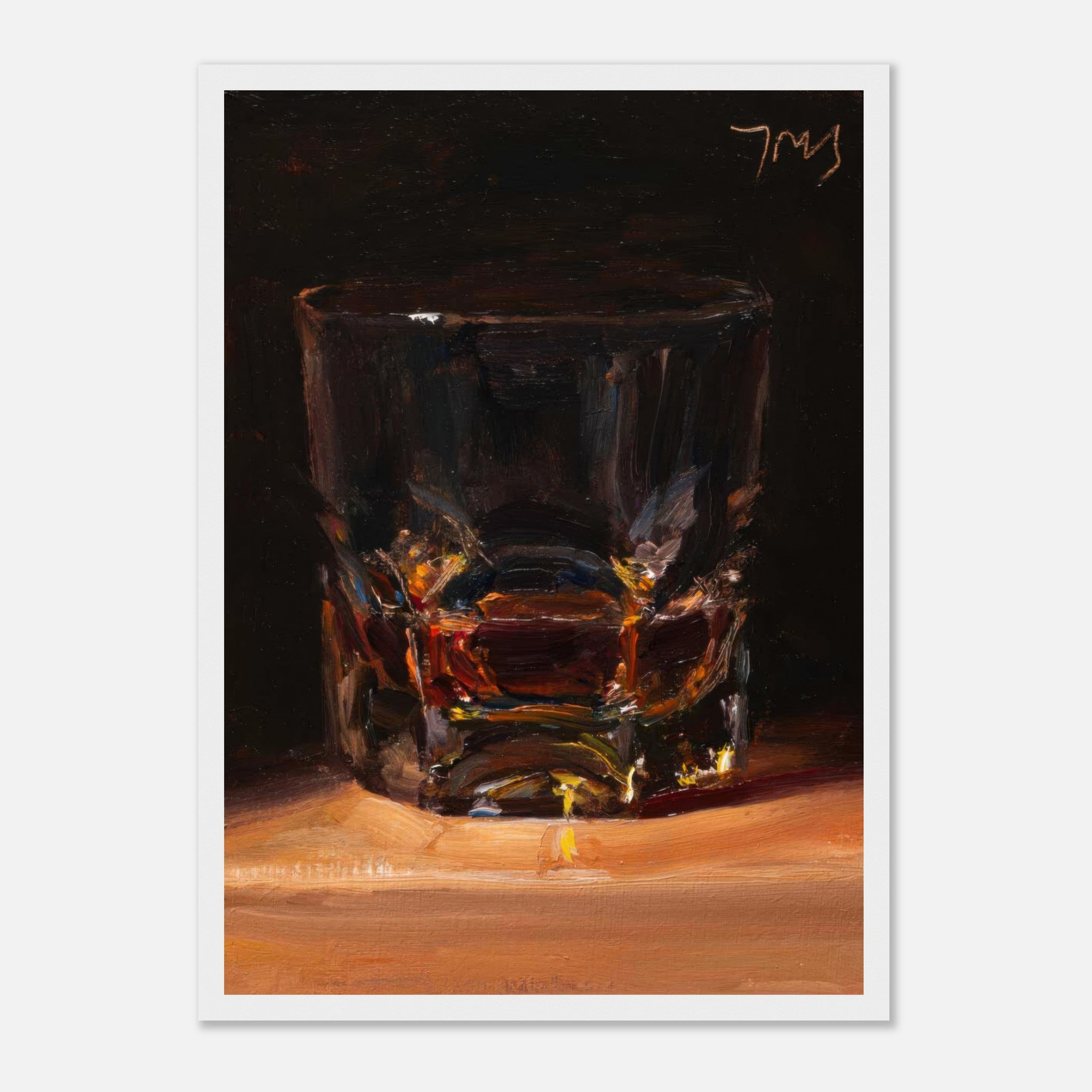 Whiskey framed print featuring a glass of amber whiskey against a dark background, perfect for home decor.