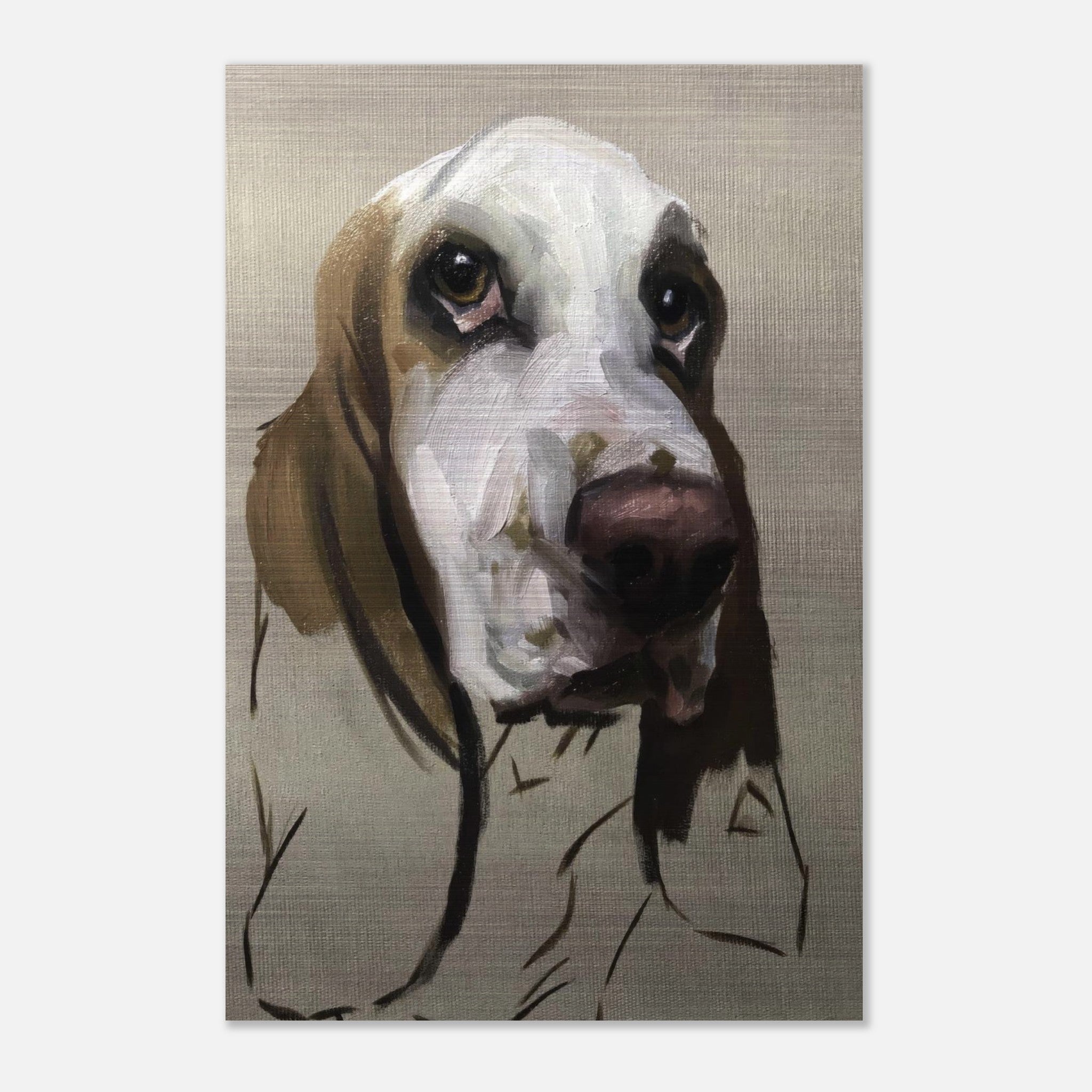 Basset Hound dog painting on brushed metal with soulful expression and artistic brushstroke textures.