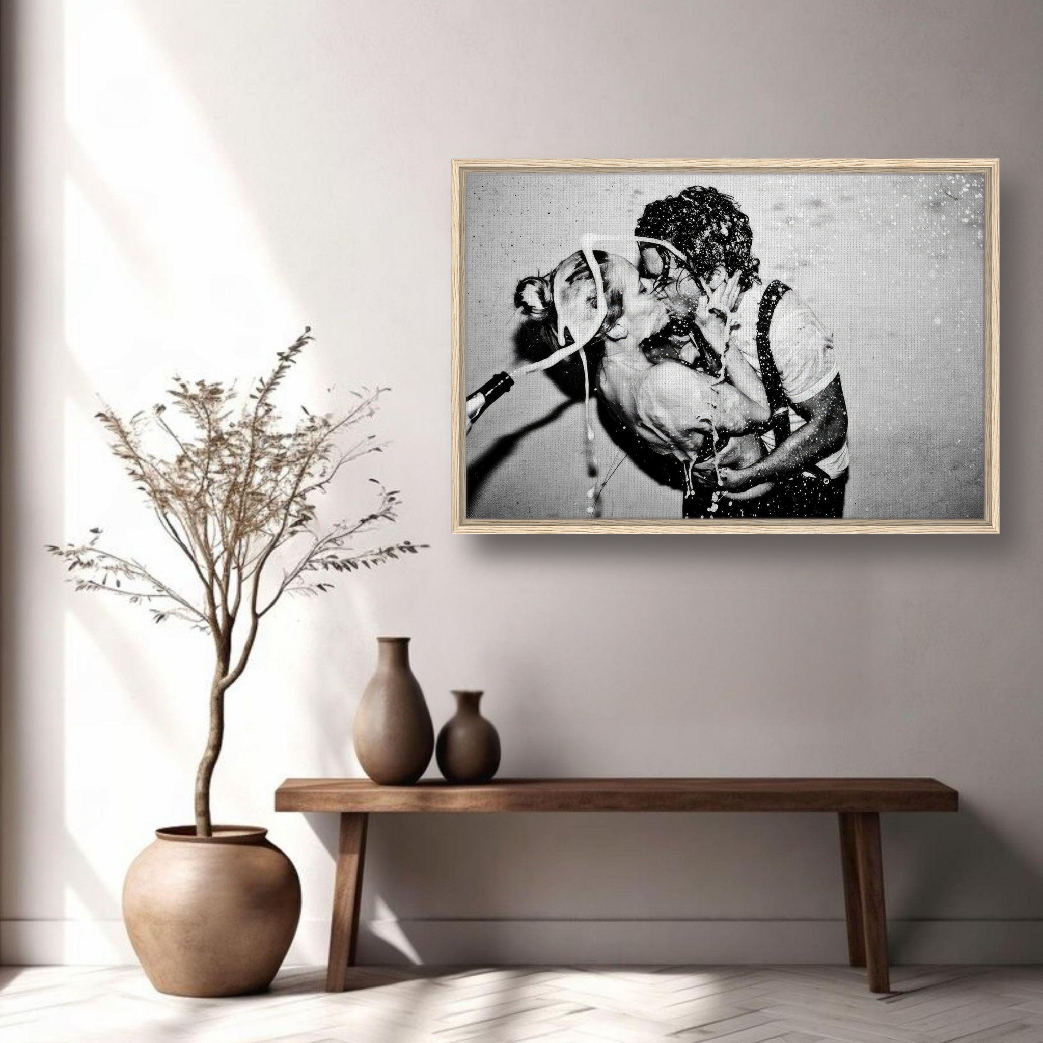 The Champagne Kiss framed canvas print featuring Johnny Depp and Kate Moss in a passionate moment.