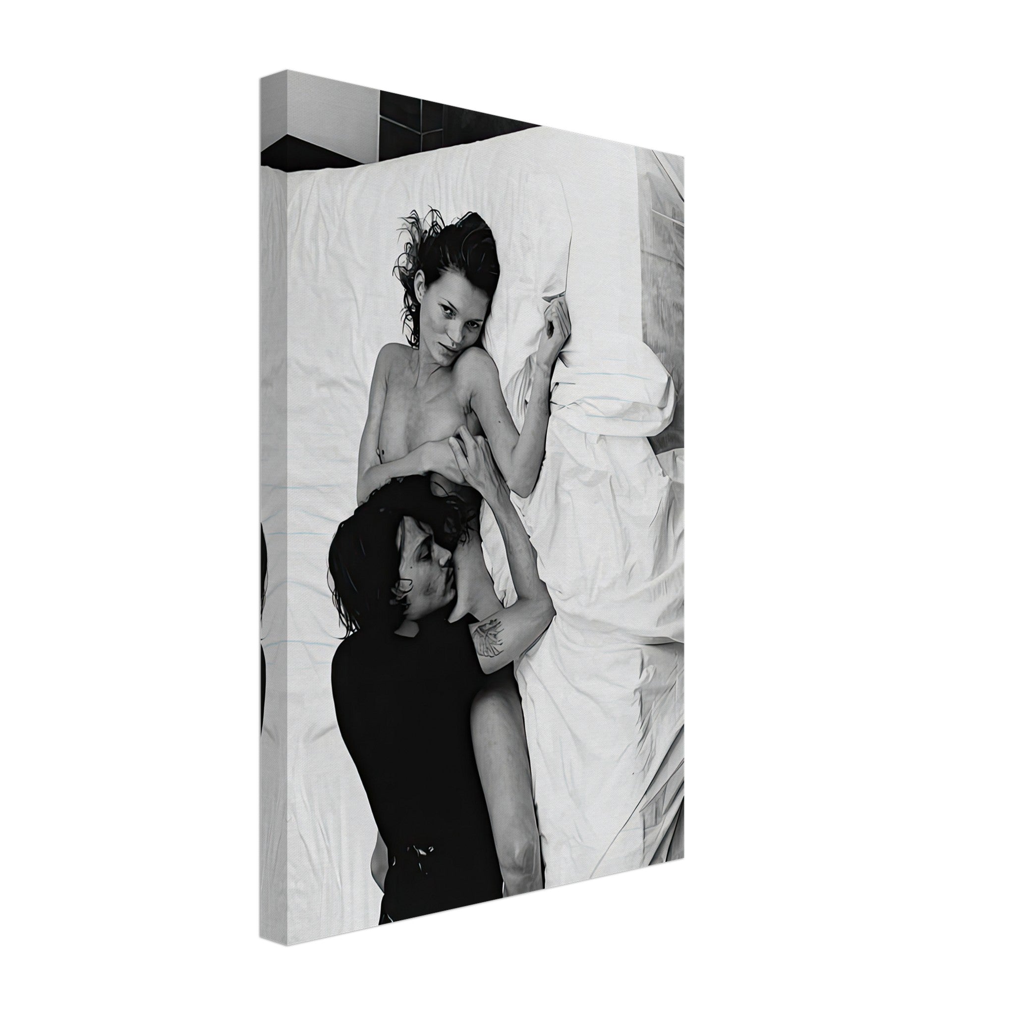 Black-and-white canvas print of Kate Moss and Johnny Depp in an intimate pose, captured in 1994.