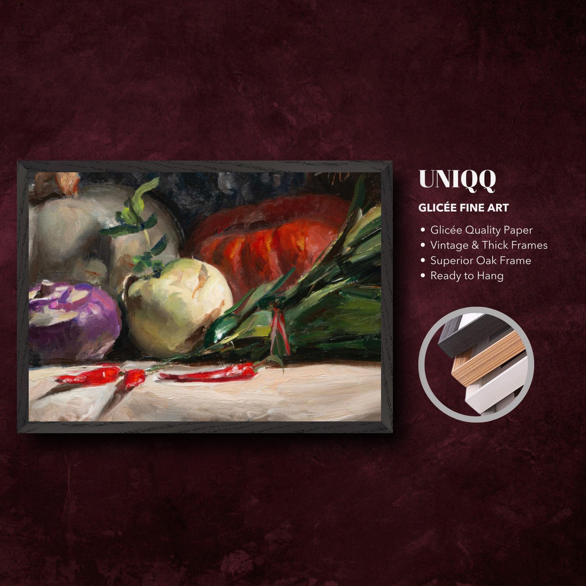 Kohlrabi, pumpkins, and chilis fine art oil painting in vintage oak frame, perfect for kitchen decor.