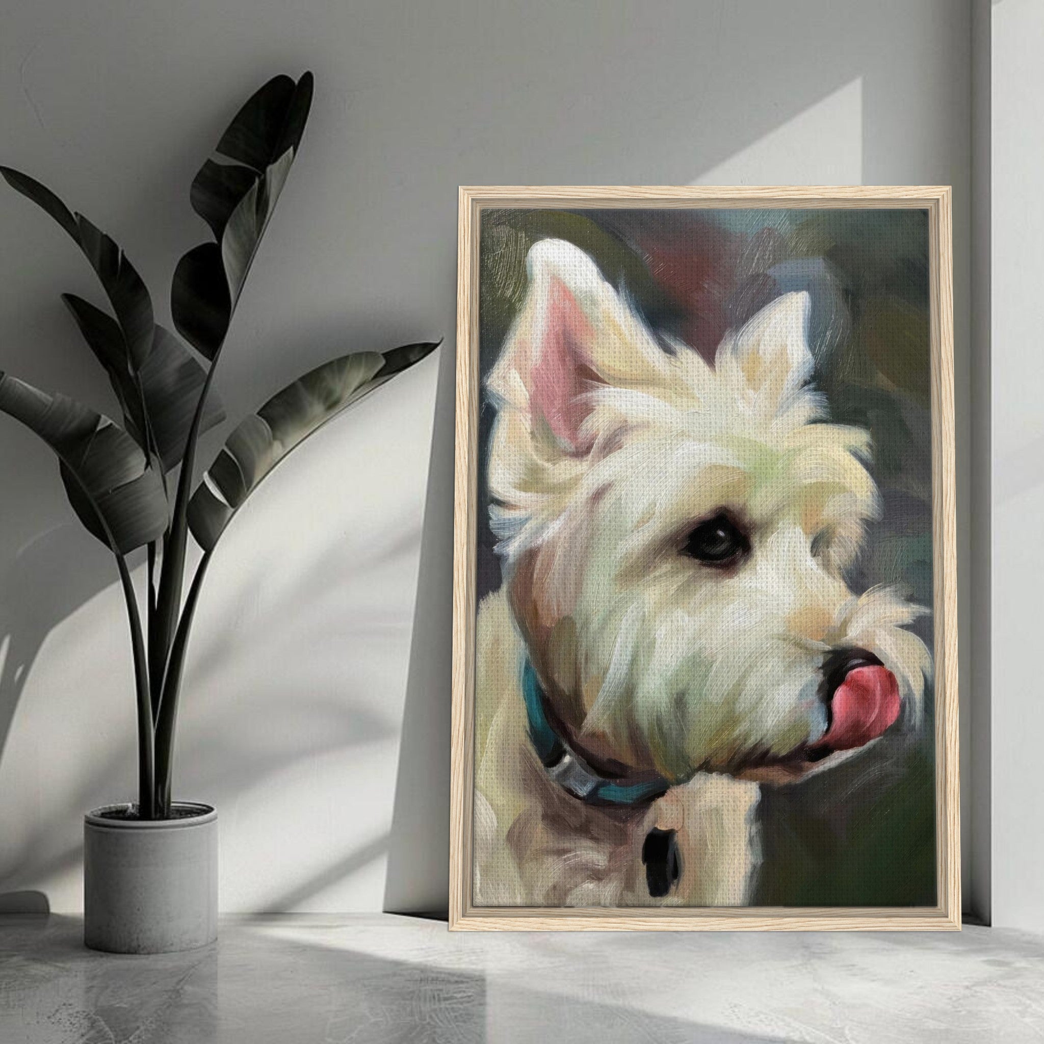 Framed canvas print of a Westie dog with playful expression and fluffy coat in a stylish indoor setting.