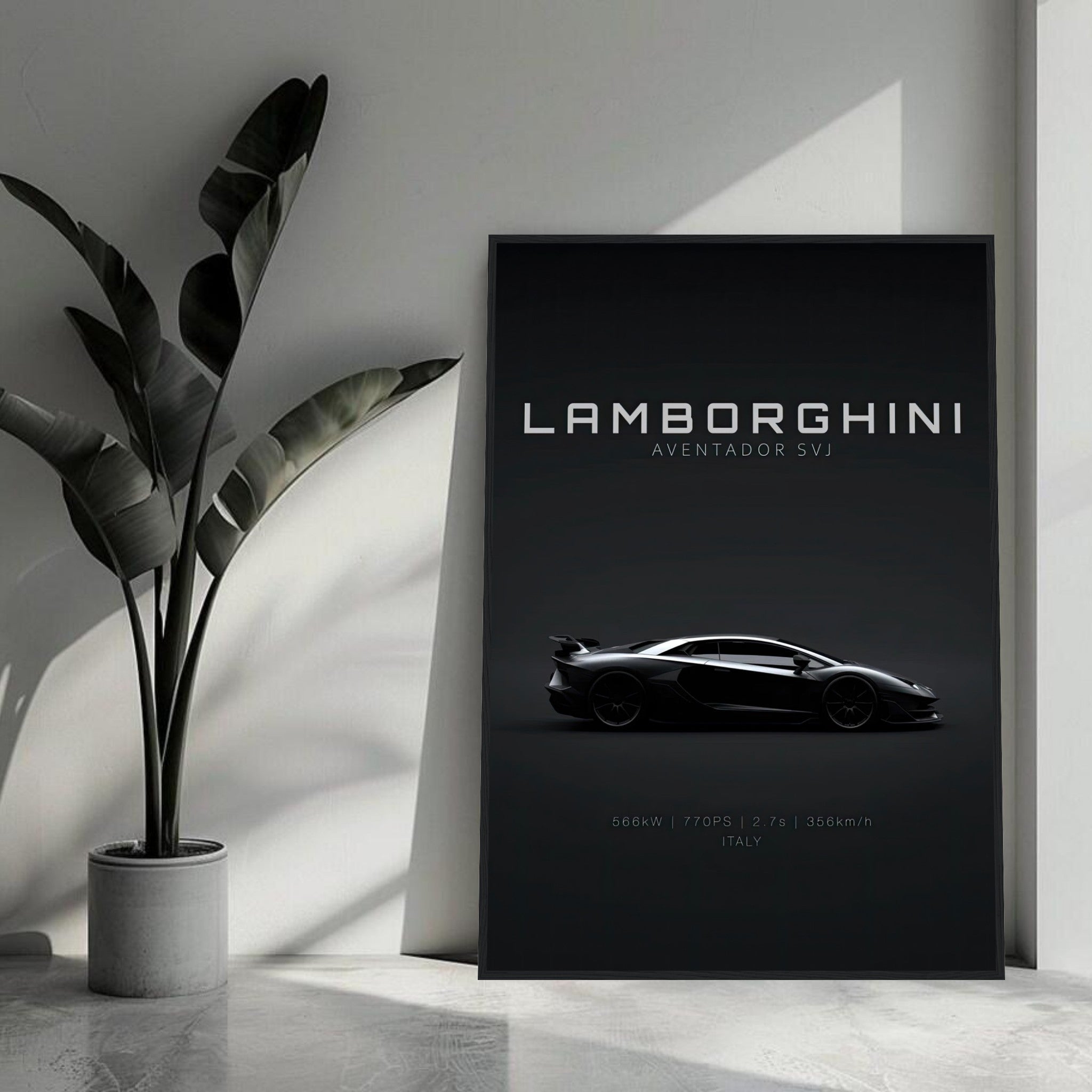 Lamborghini Aventador SVJ framed poster featuring sleek design and a minimalist background in modern decor.