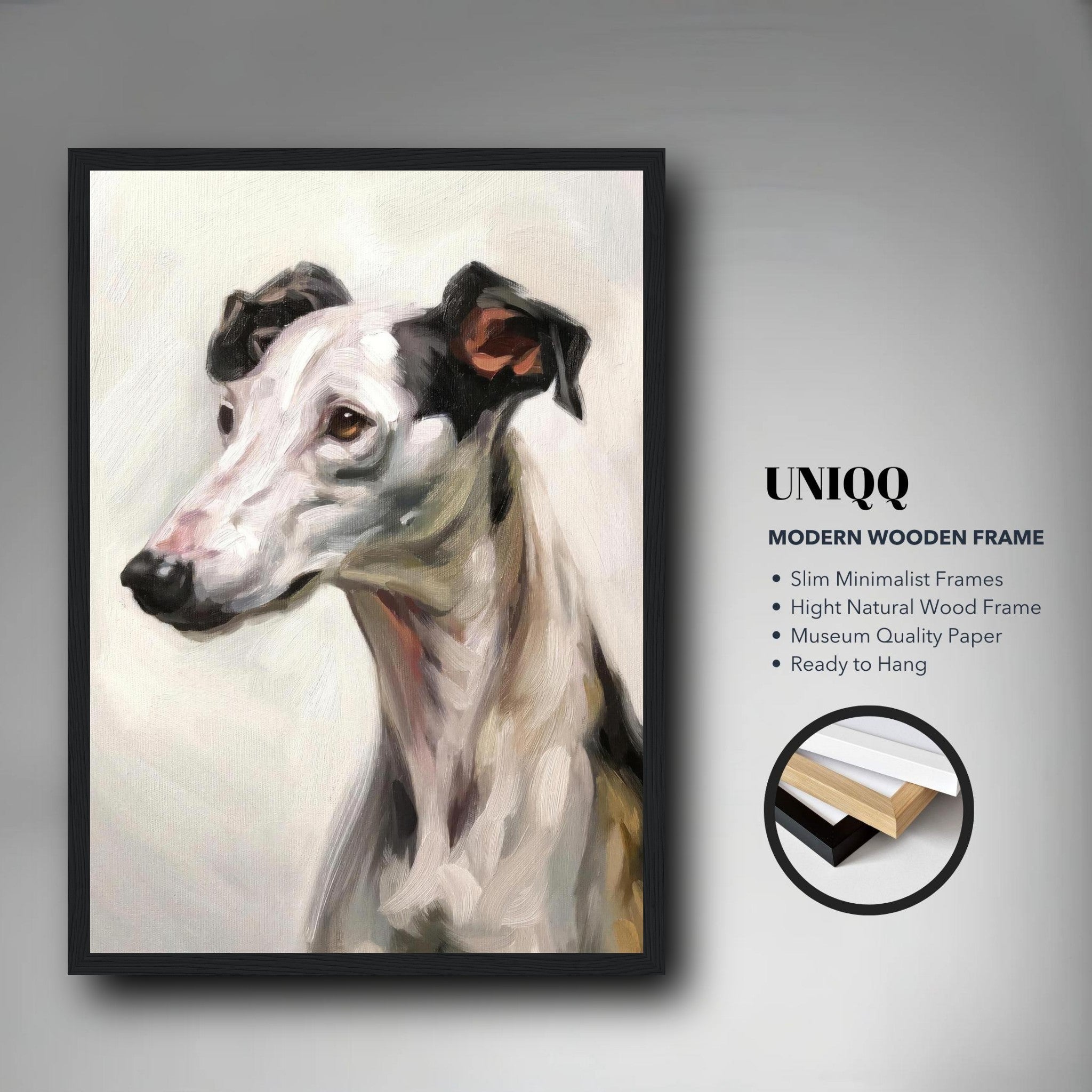Framed Greyhound dog painting featuring a sleek design and gentle expression, perfect for dog lovers and art enthusiasts.