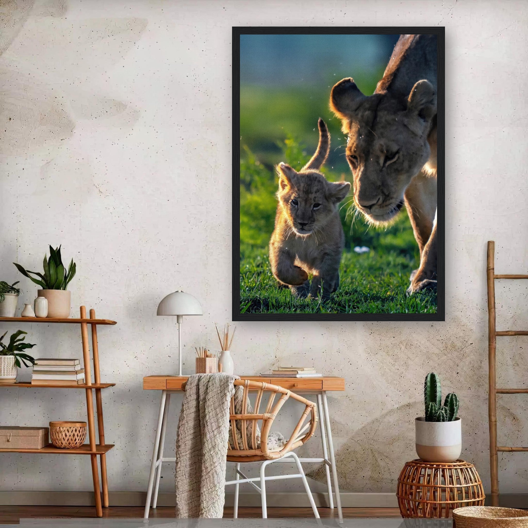 Protective Lion Mother and cub framed print featuring vibrant colors, ideal for wildlife decor in a stylish living room.