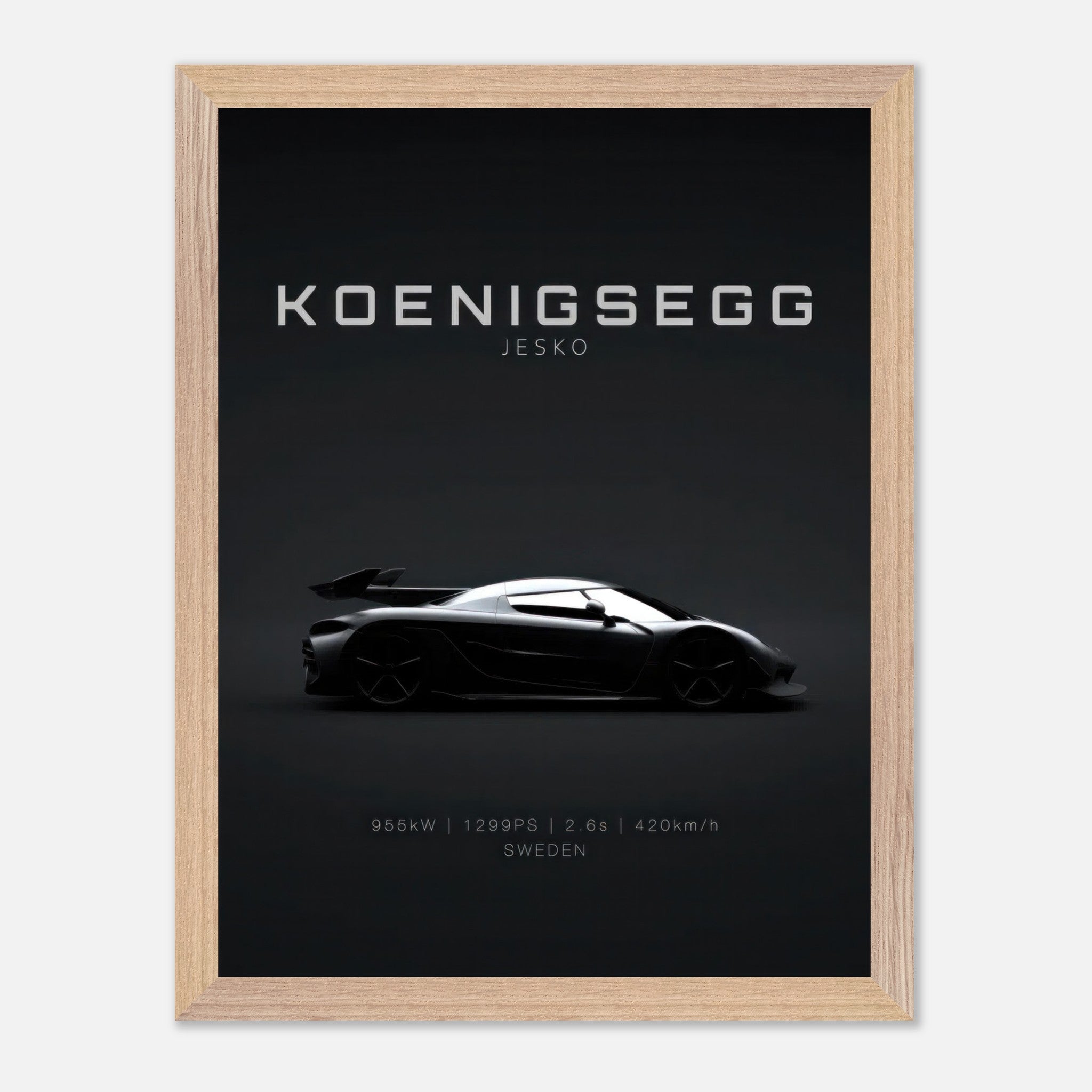 Koenigsegg Jesko vintage framed art featuring sleek hypercar silhouette on a black background.