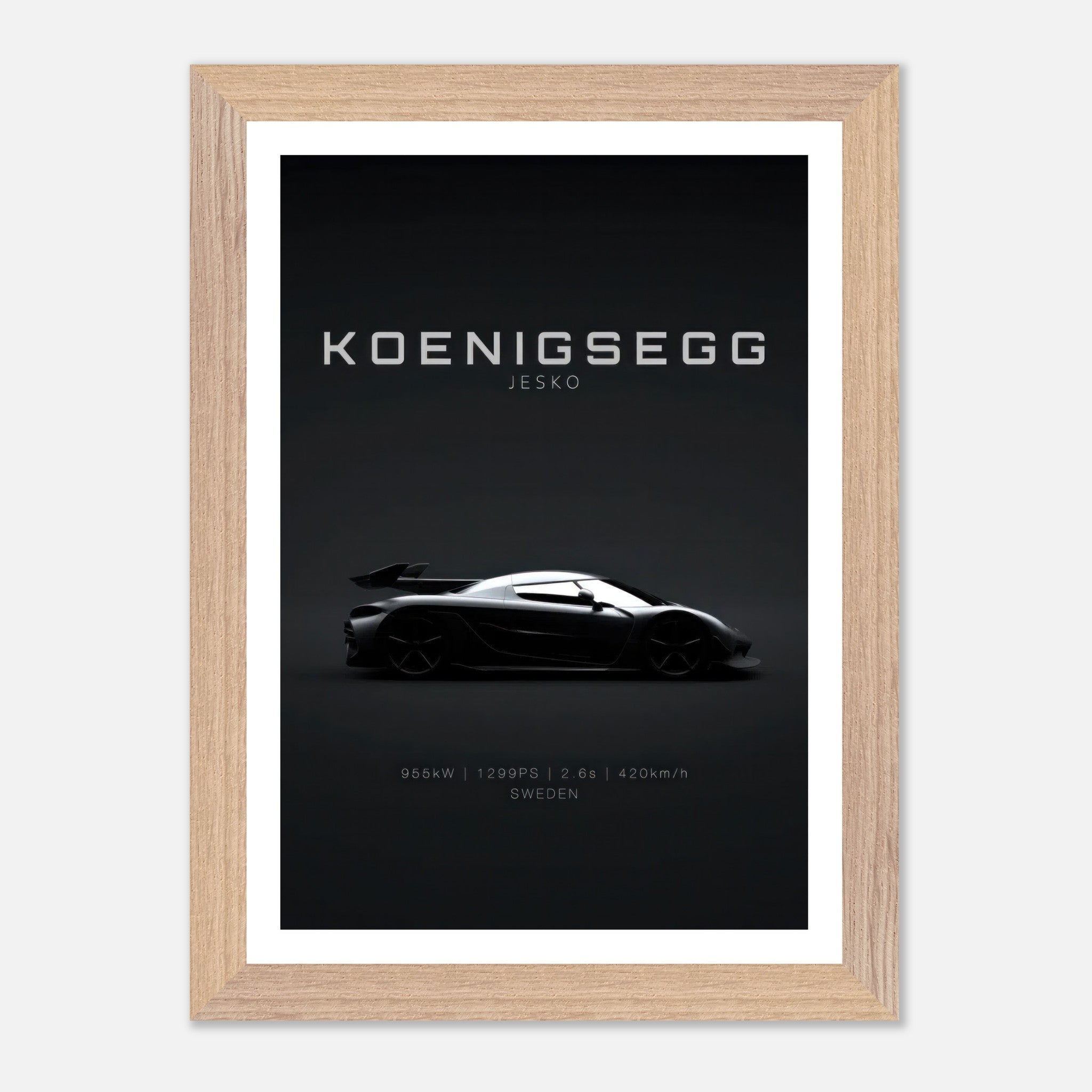 Koenigsegg Jesko vintage framed art showcasing the sleek car design against a minimalist black background.