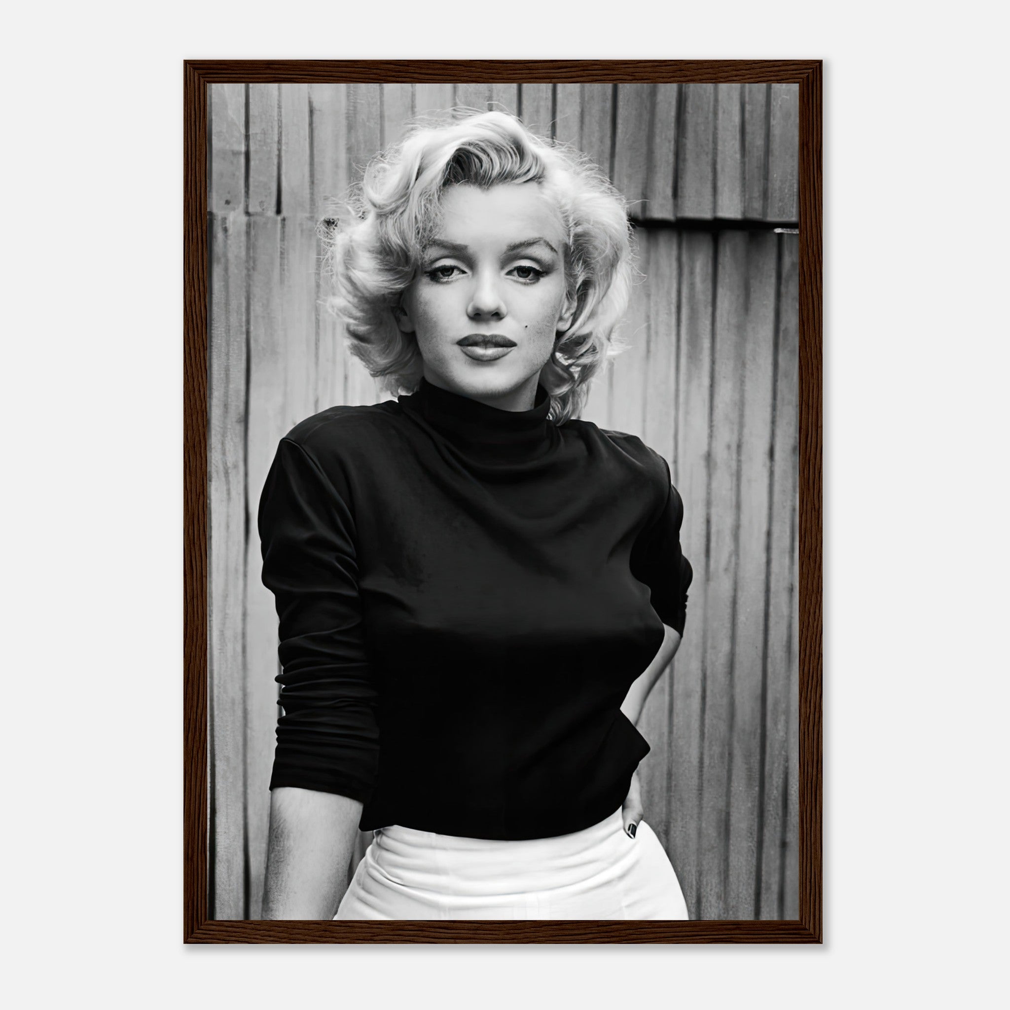 Marilyn Monroe portrait framed print in black and white capturing her timeless elegance and Hollywood glamour.