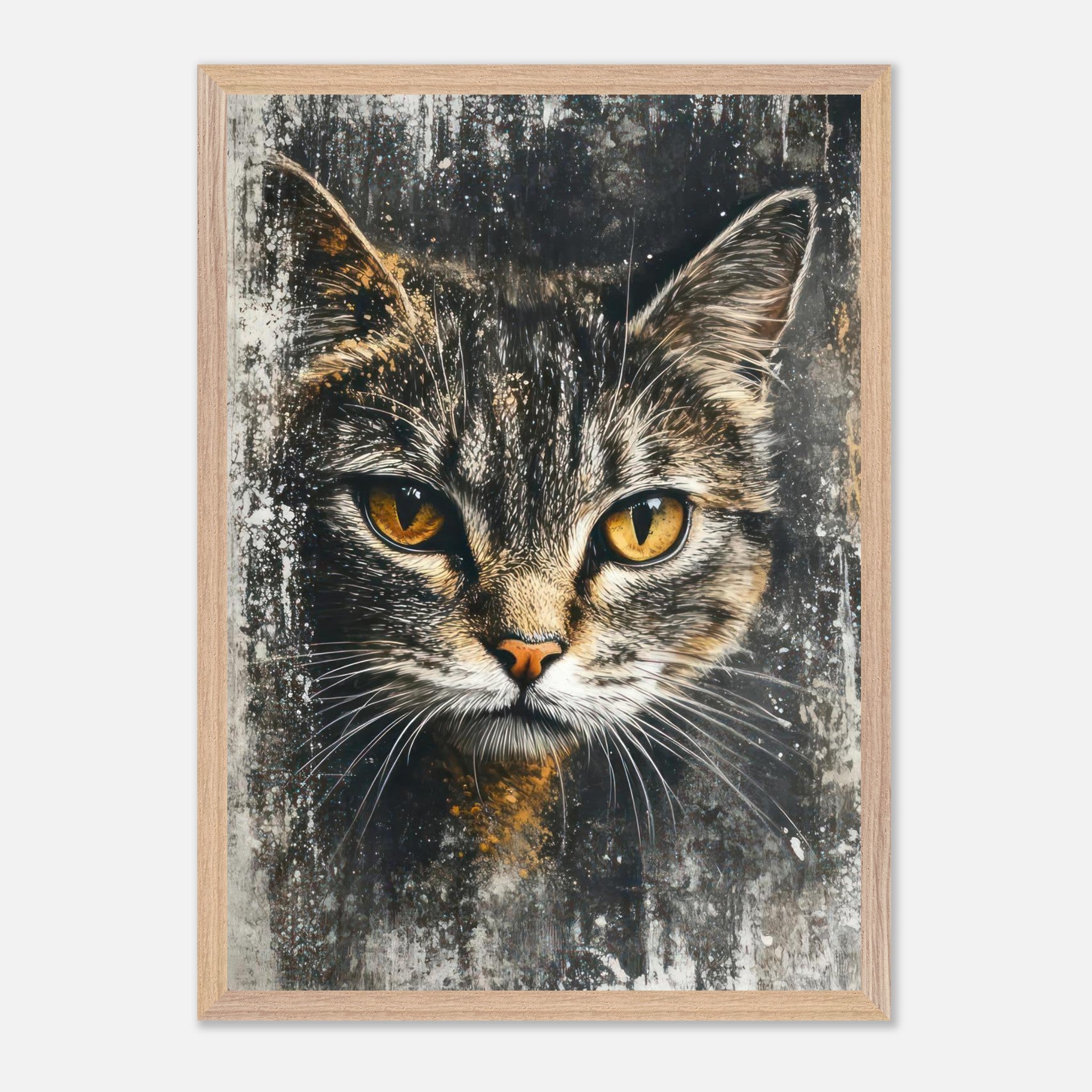 Vintage cat painting artwork with striking golden eyes in a wooden frame, adding elegance to home decor.