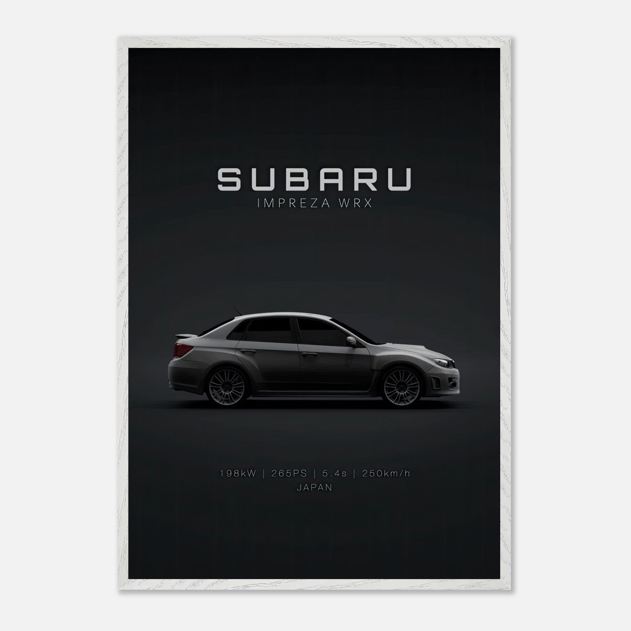Subaru WRX vintage framed art showcasing its sleek profile and engineering details against a minimalist dark backdrop.