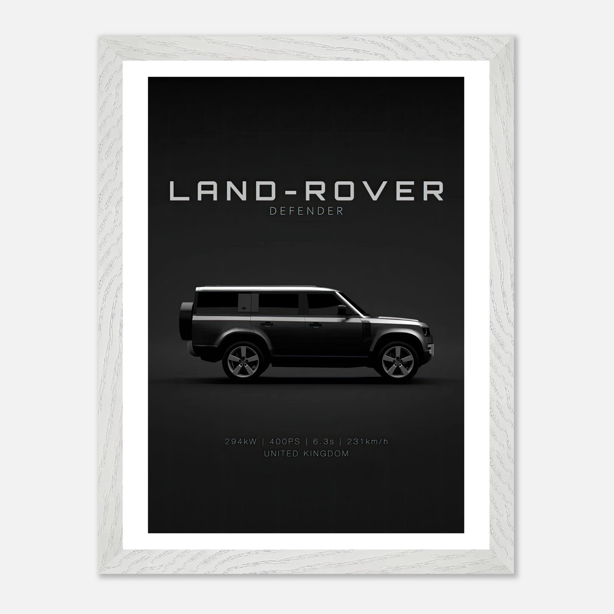 Land Rover Defender vintage framed art showcasing its iconic silhouette on a sleek black background.
