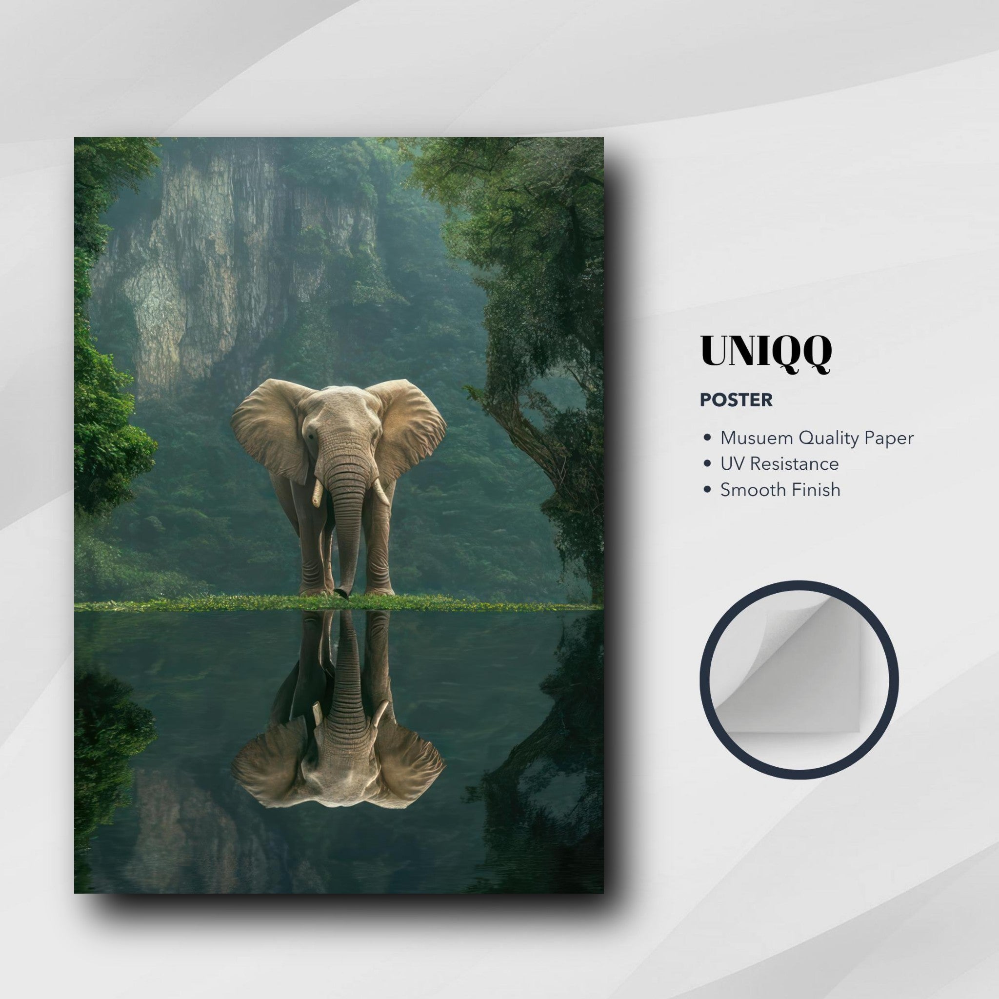 Jungle Elephant Portrait poster featuring an elephant reflecting in water amidst a lush jungle backdrop.