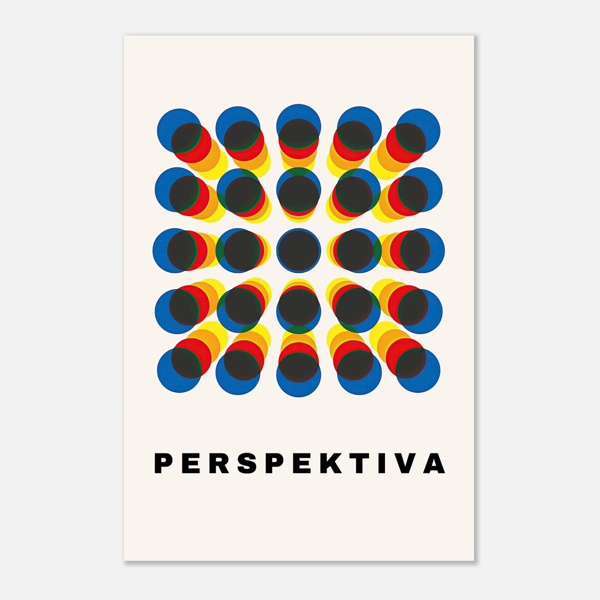 Perspective Abstract Art Metal Print with vibrant geometric shapes in red, yellow, and blue on a minimal background.