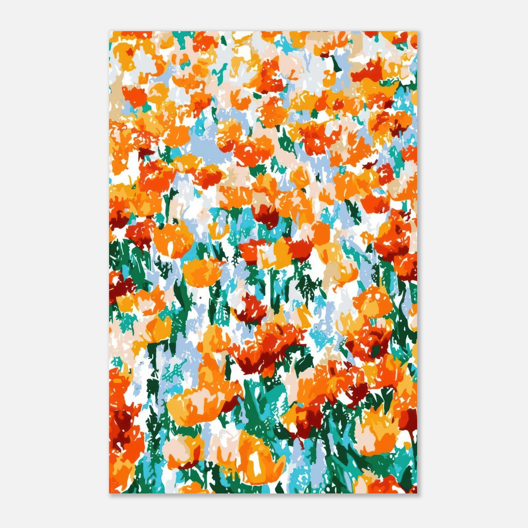 Abstract Floral Tulip Garden Metal Print featuring vibrant orange and yellow tulips on a cool-toned background.