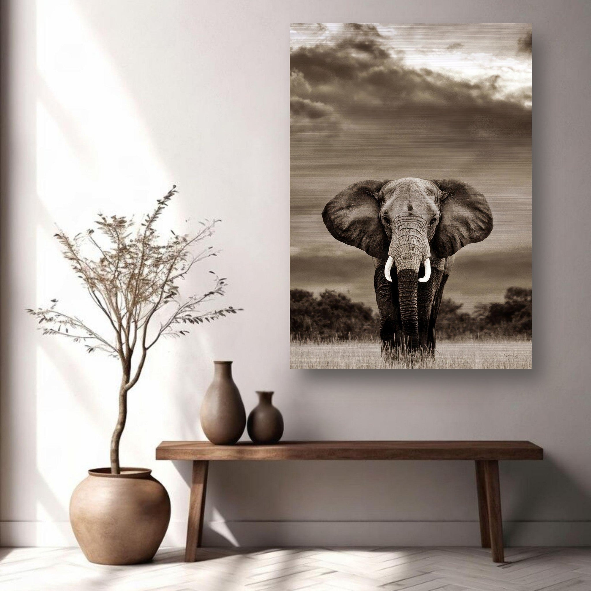 Elephant portrait photography on brushed metal, featuring a majestic elephant against a dramatic sky in a stylish interior.