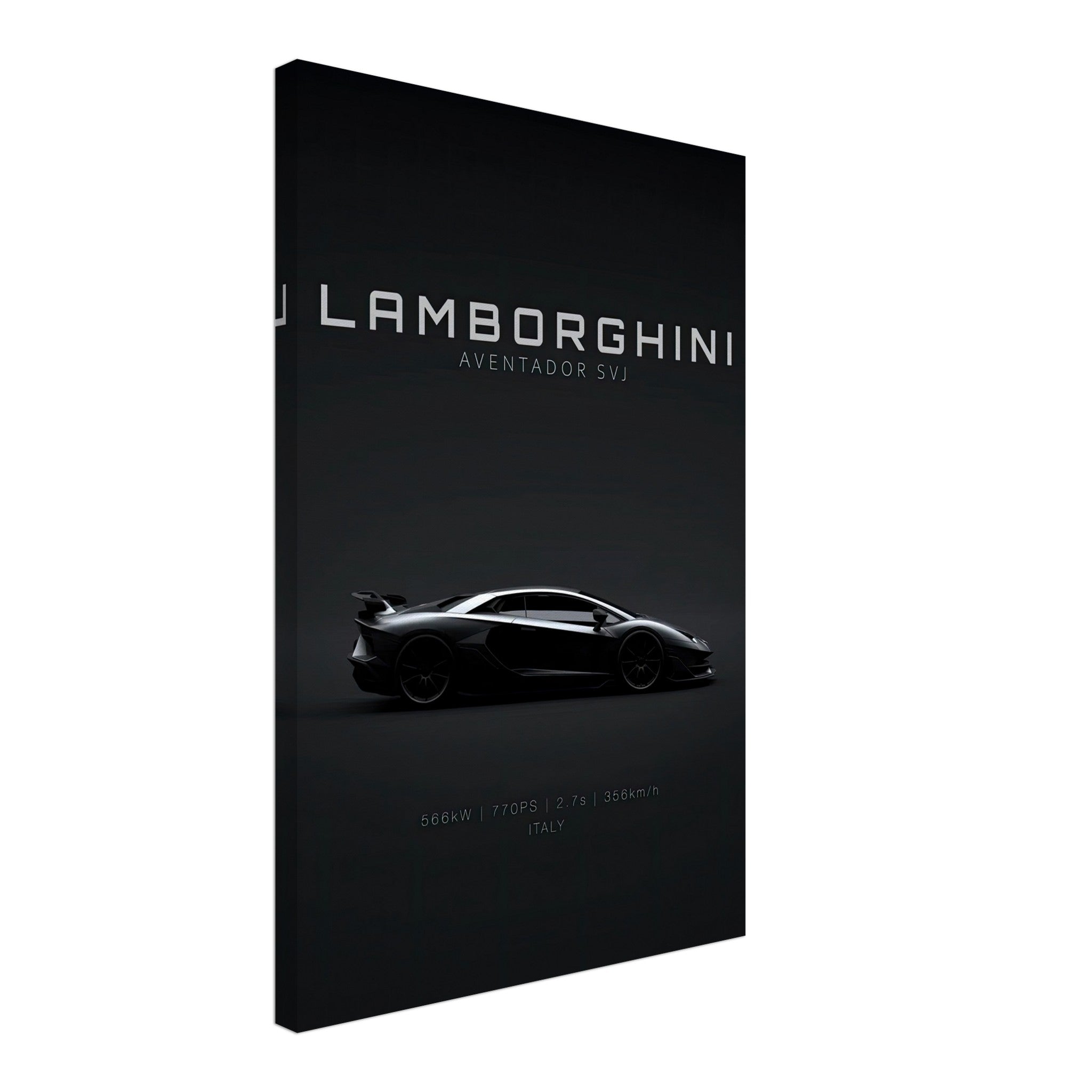 Lamborghini Aventador SVJ canvas art featuring sleek design on a minimalist black background.
