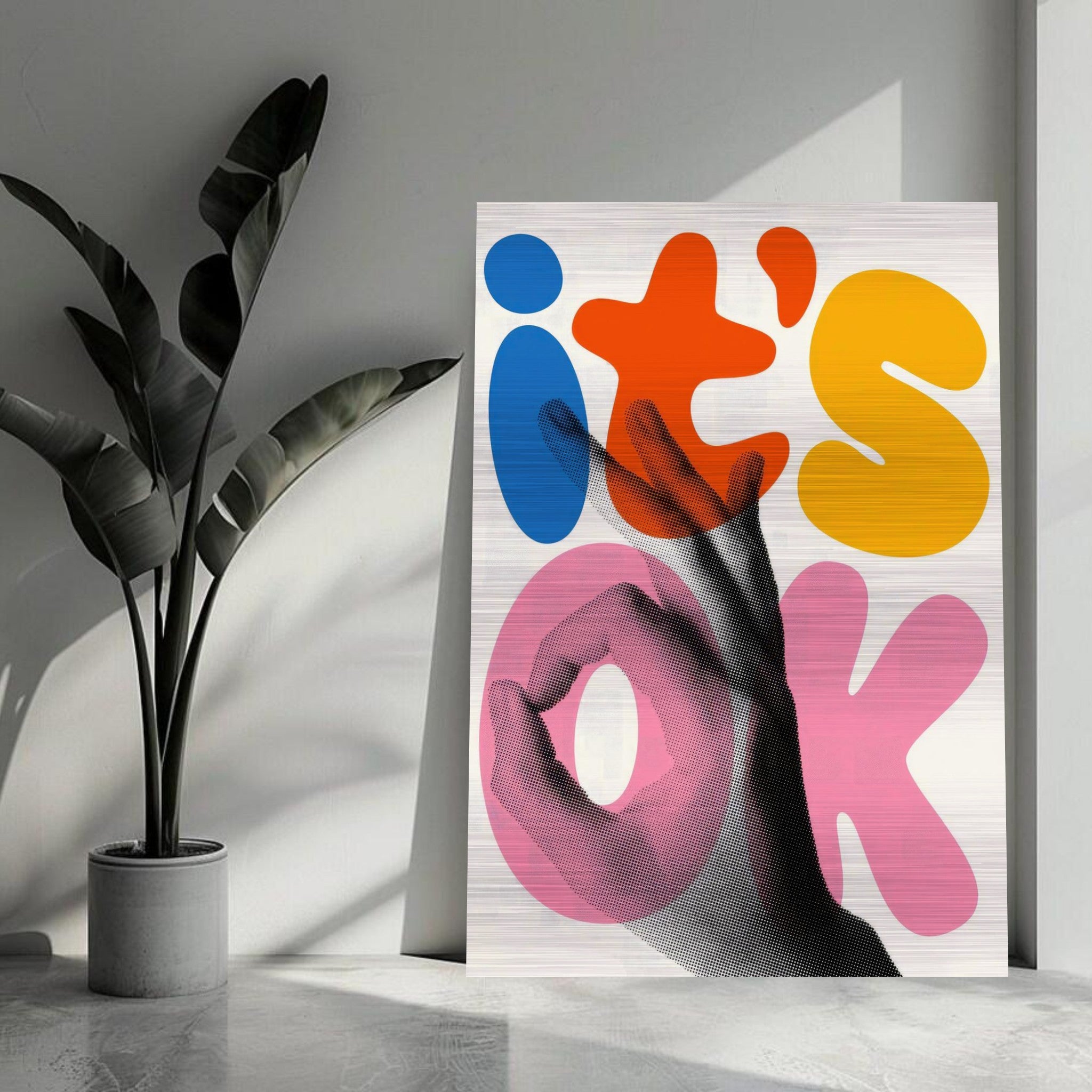 Retro abstract pop art print with vibrant typography in orange, blue, and pink, featuring a hand gesture.