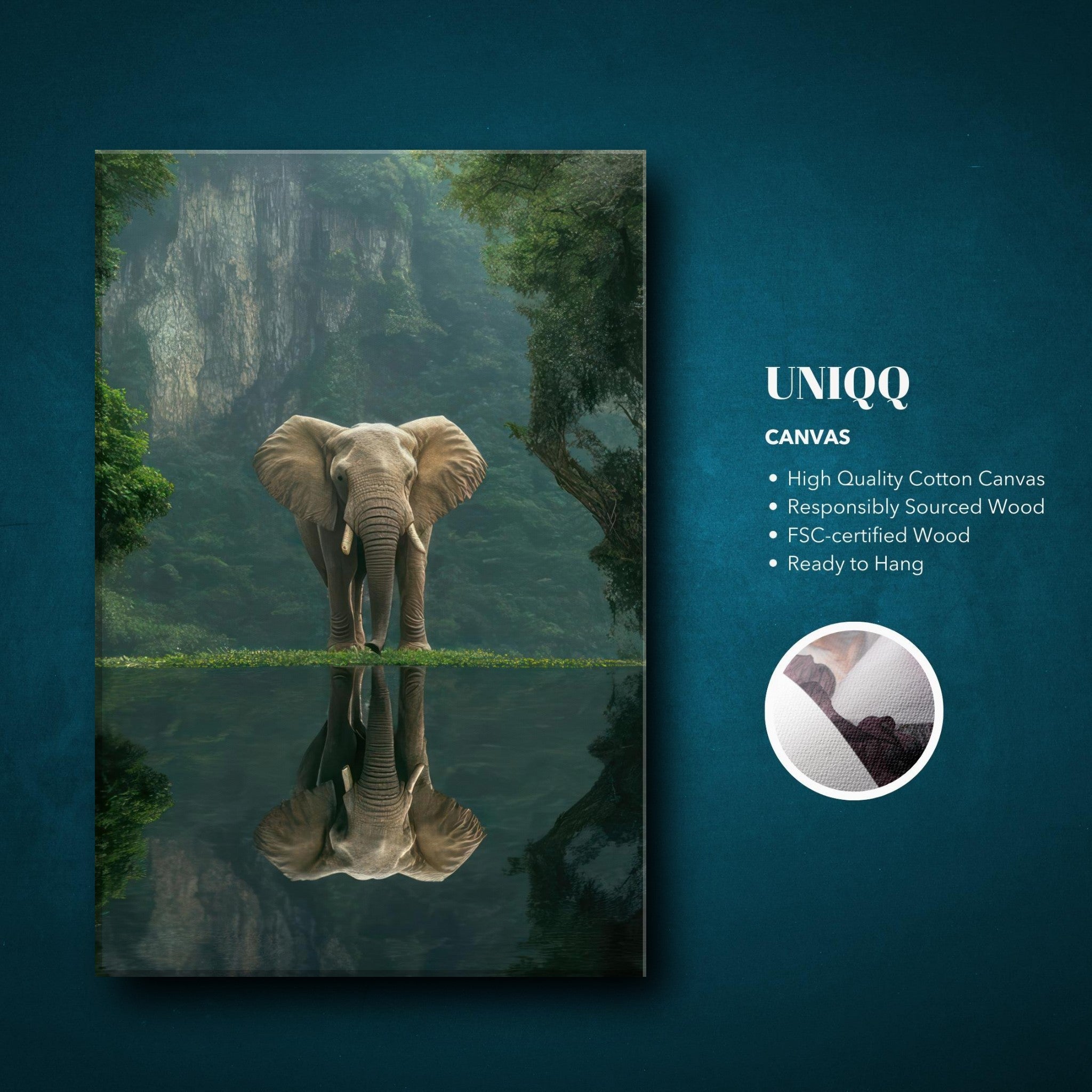 Jungle Elephant Portrait Canvas Print with serene reflection, showcasing strength and tranquility in a lush jungle setting.