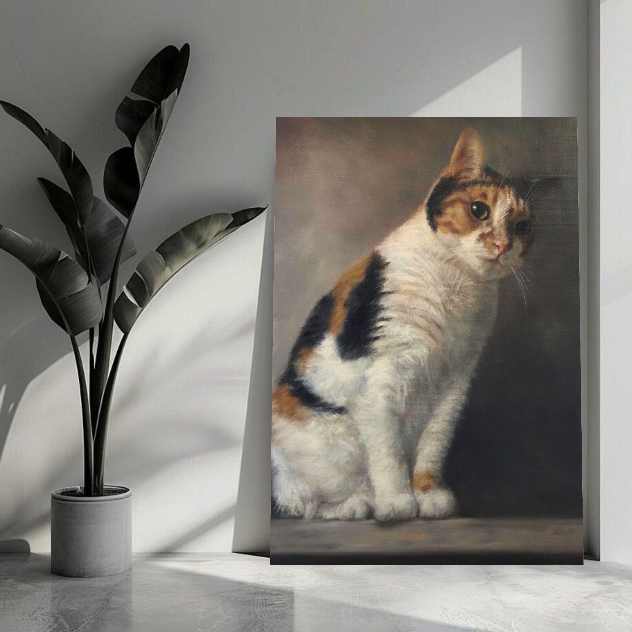 Realistic metal print of a calico cat portrait, showcasing lifelike details and vibrant colors for home decor.