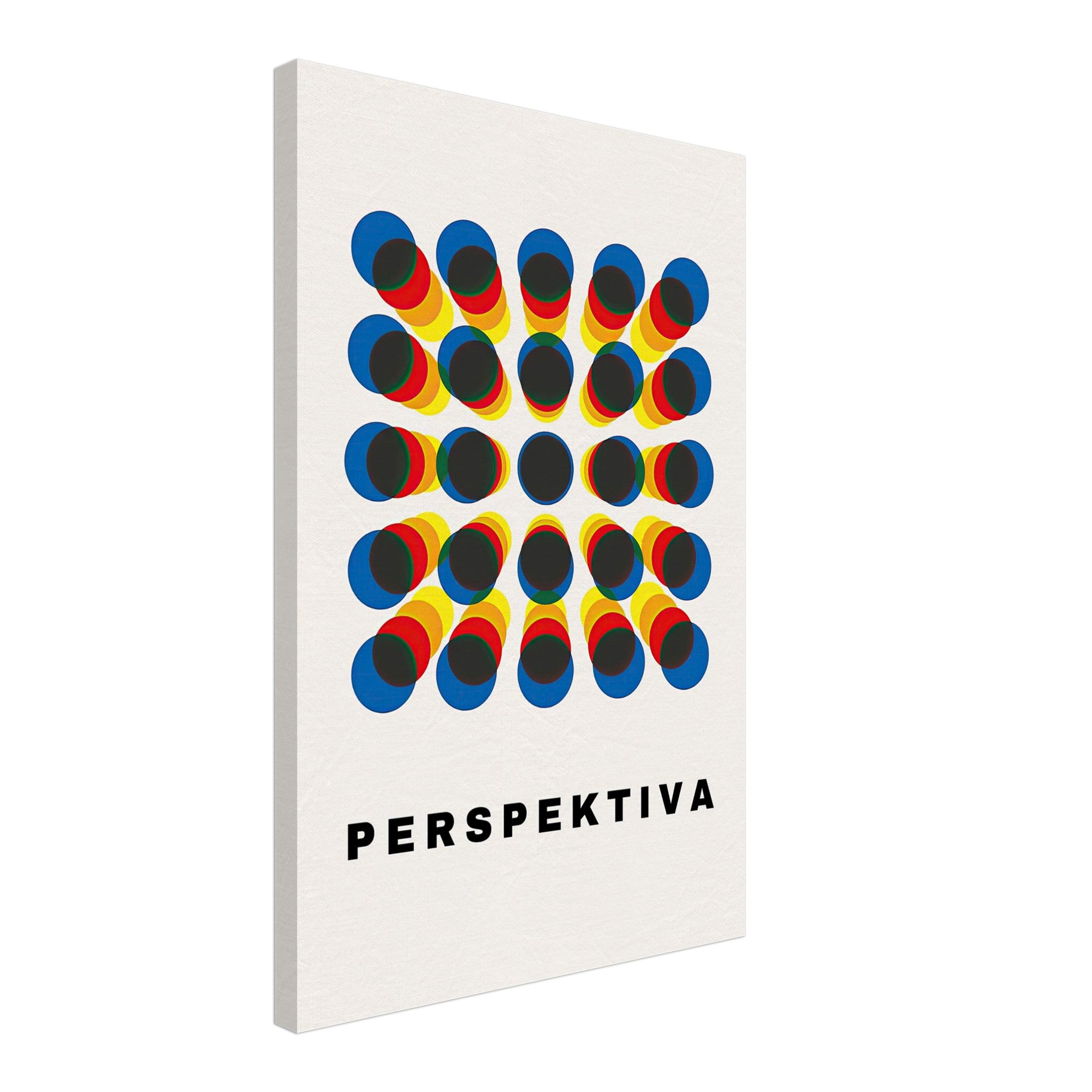 Perspective Abstract Art Canvas Print with geometric design in blue, red, and yellow featuring the word 'PERSPEKTIVA'.