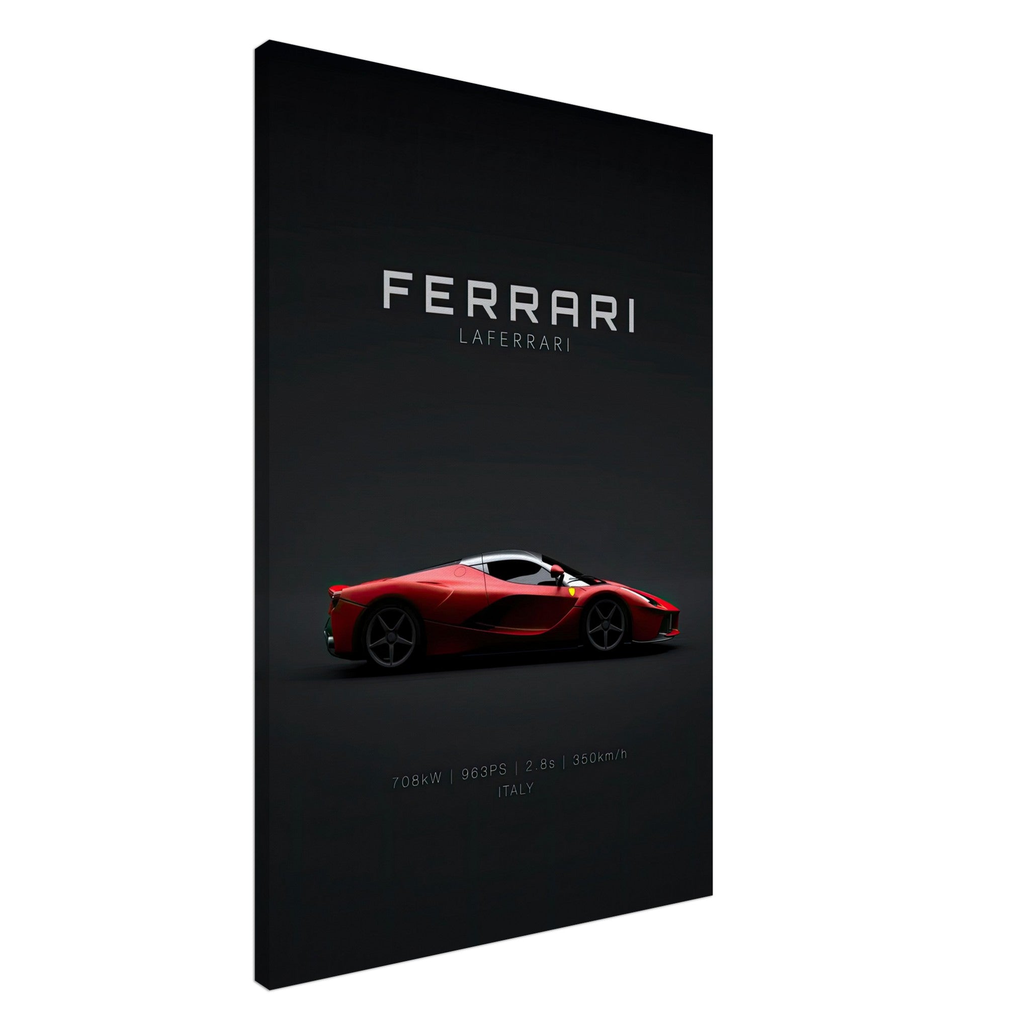 Ferrari Laferrari Canvas artwork featuring a sleek red silhouette on a dark background, perfect for auto enthusiasts.