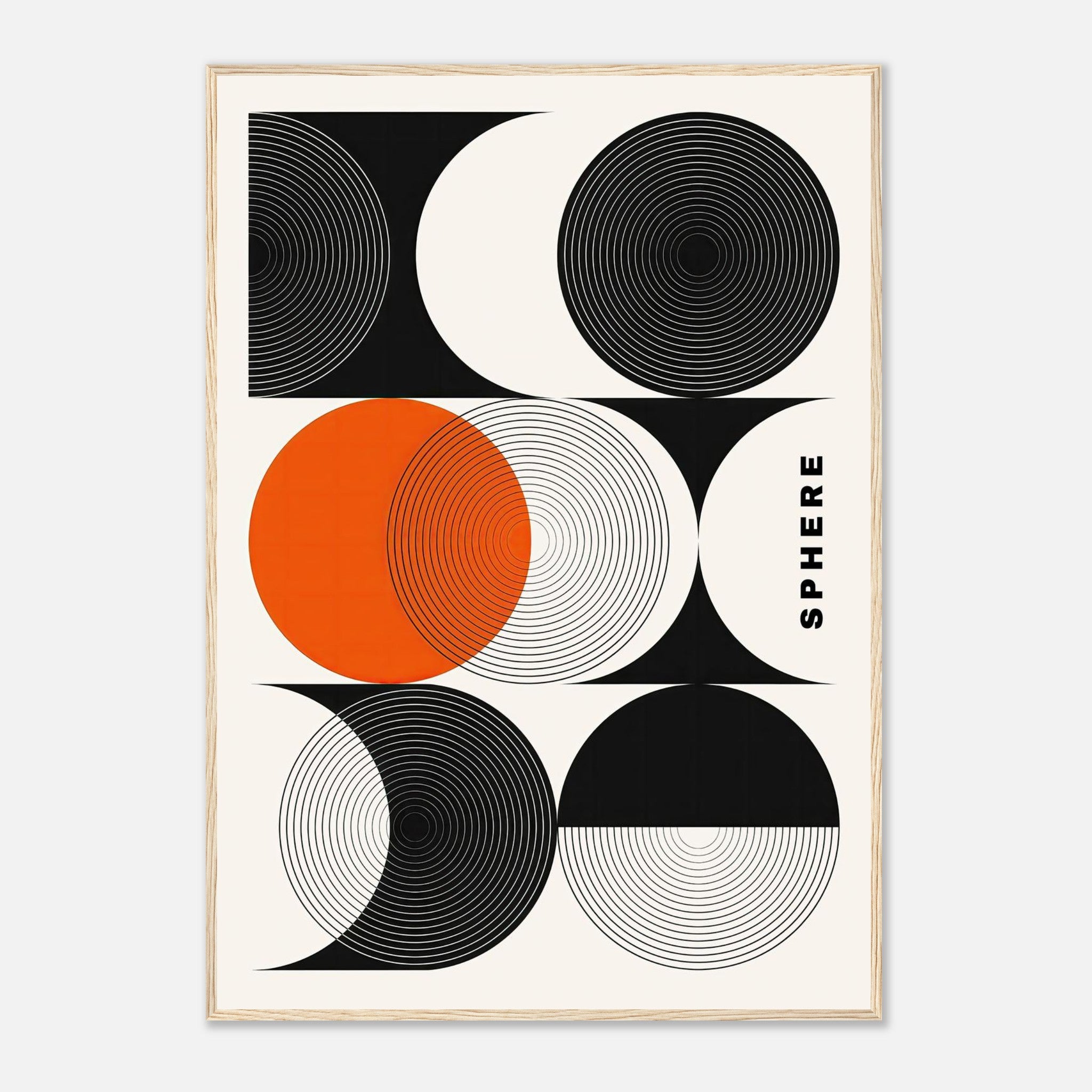 Abstract Geometric Sphere Art framed print featuring black and white circular patterns with a vibrant orange element.