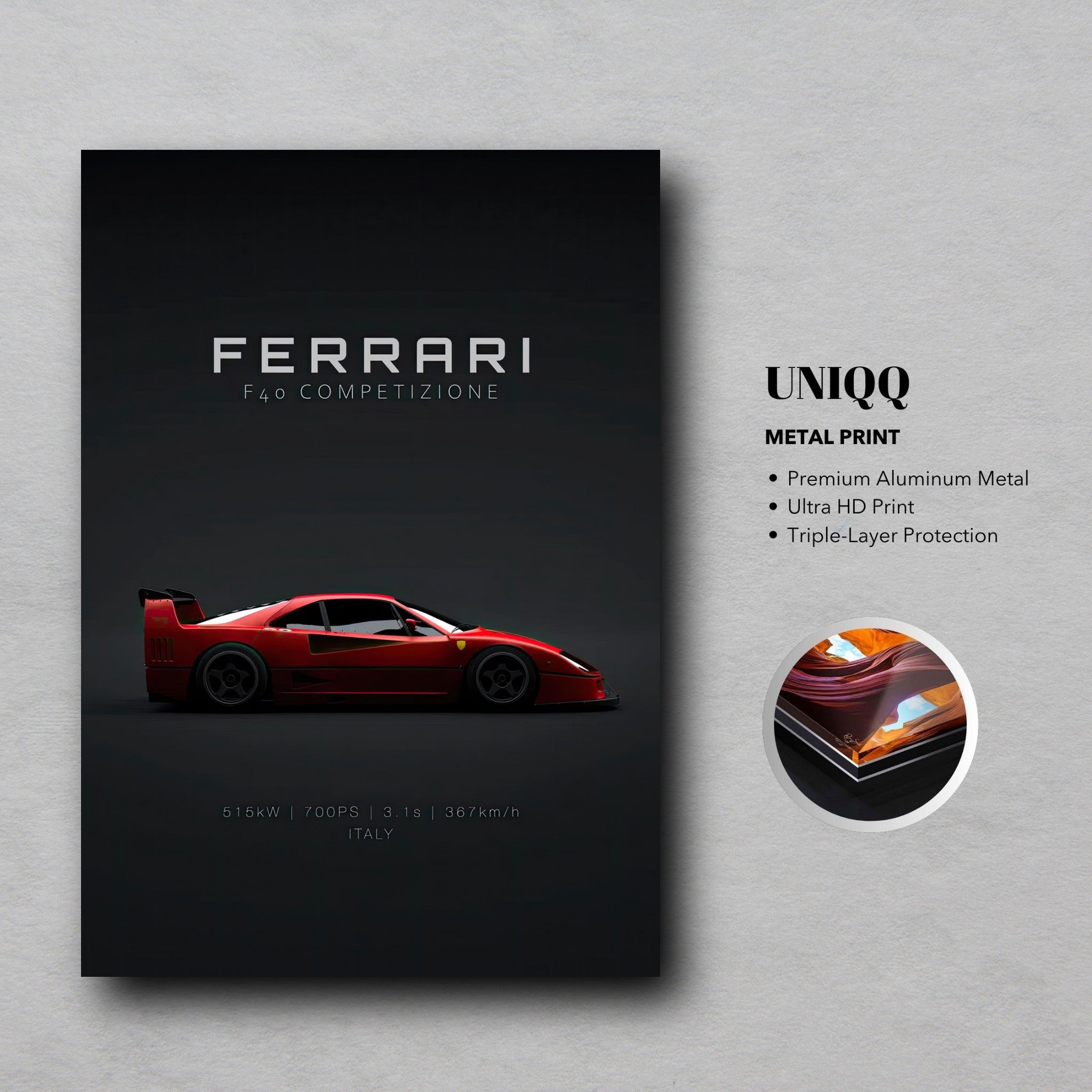 Ferrari F40 Competizione metal print featuring sleek red car design and minimalist style on aluminum.