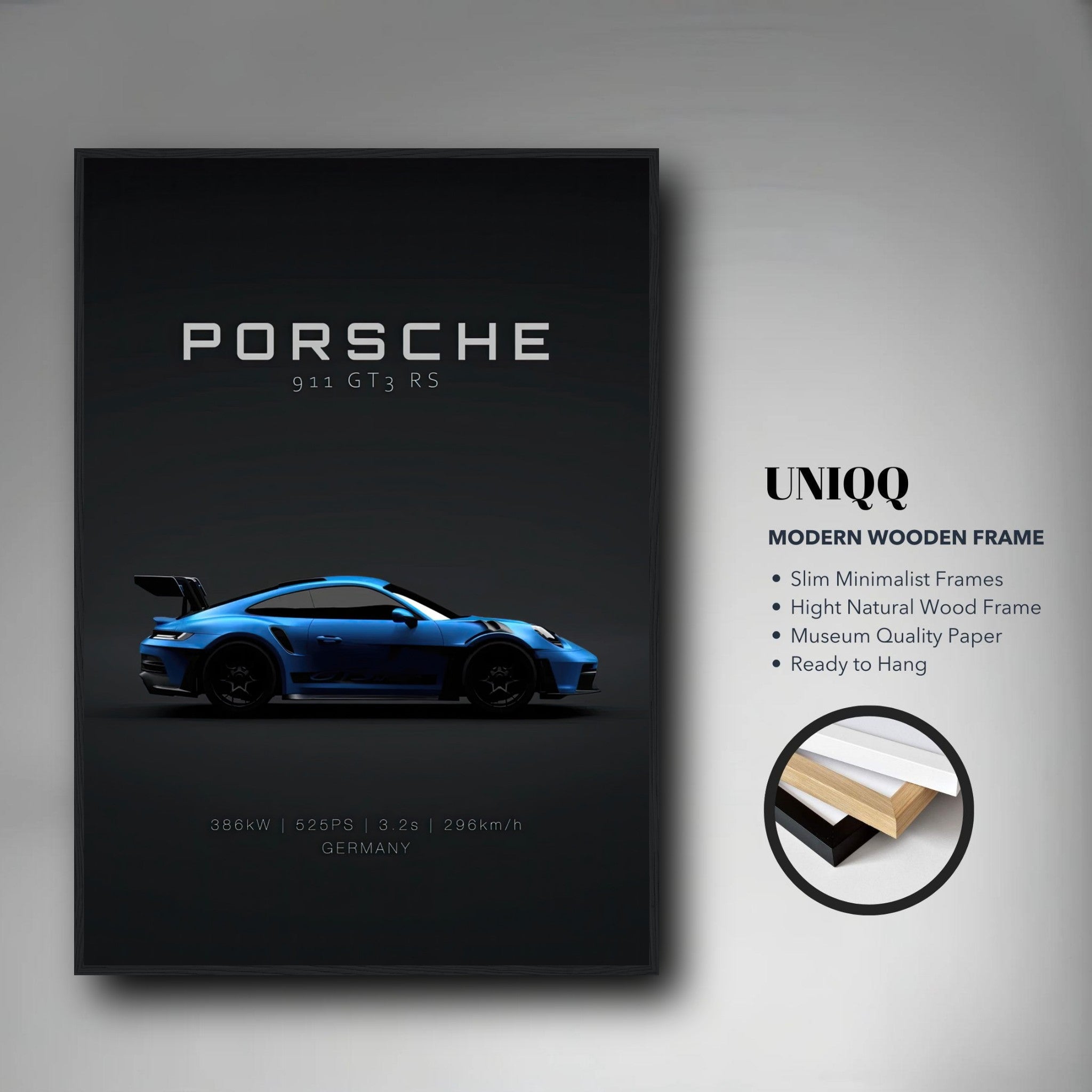 Porsche 911 GT3 RS framed poster showcasing a blue sports car on a dark background, perfect for automotive lovers.
