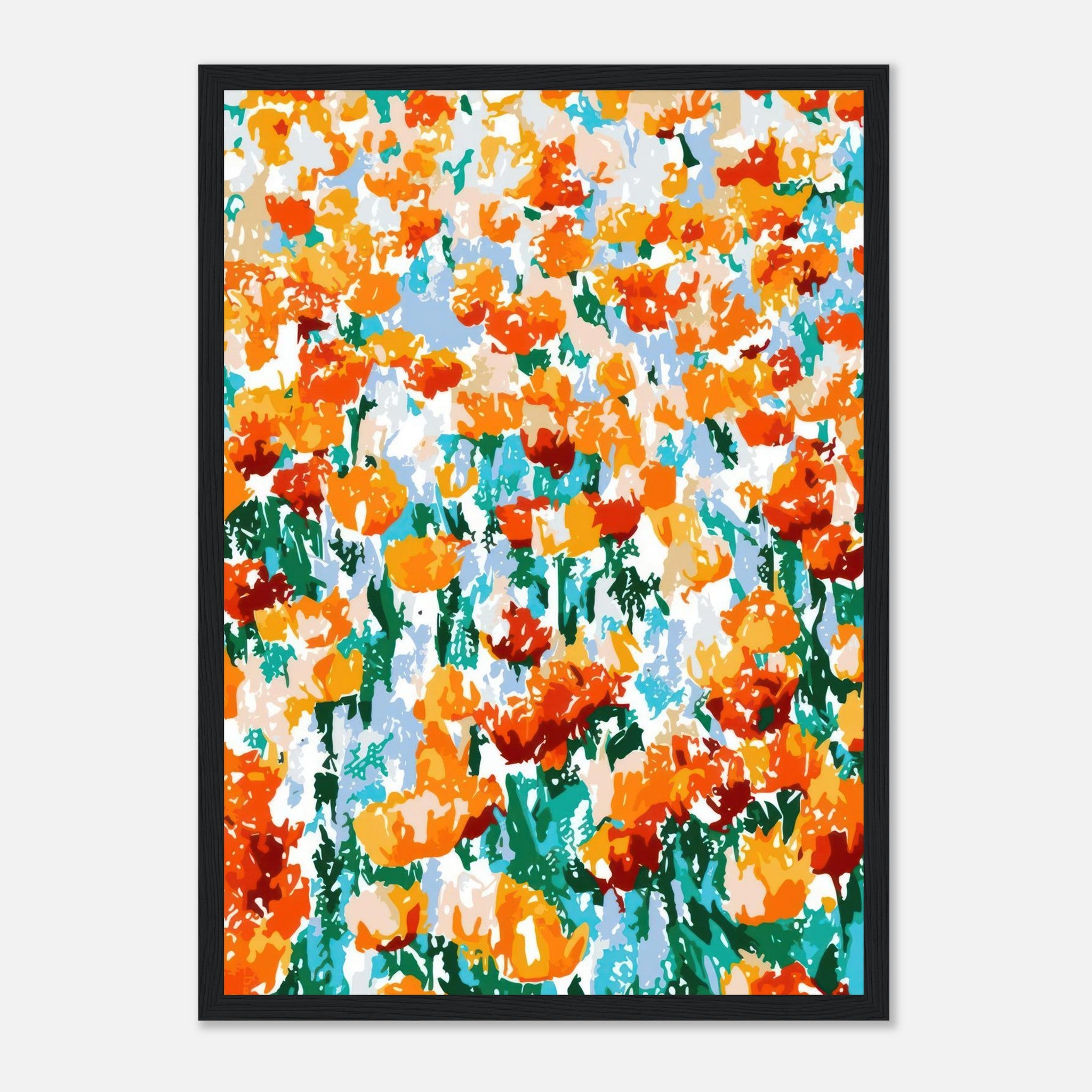 Vibrant abstract floral tulip garden framed print featuring bold oranges and greens.