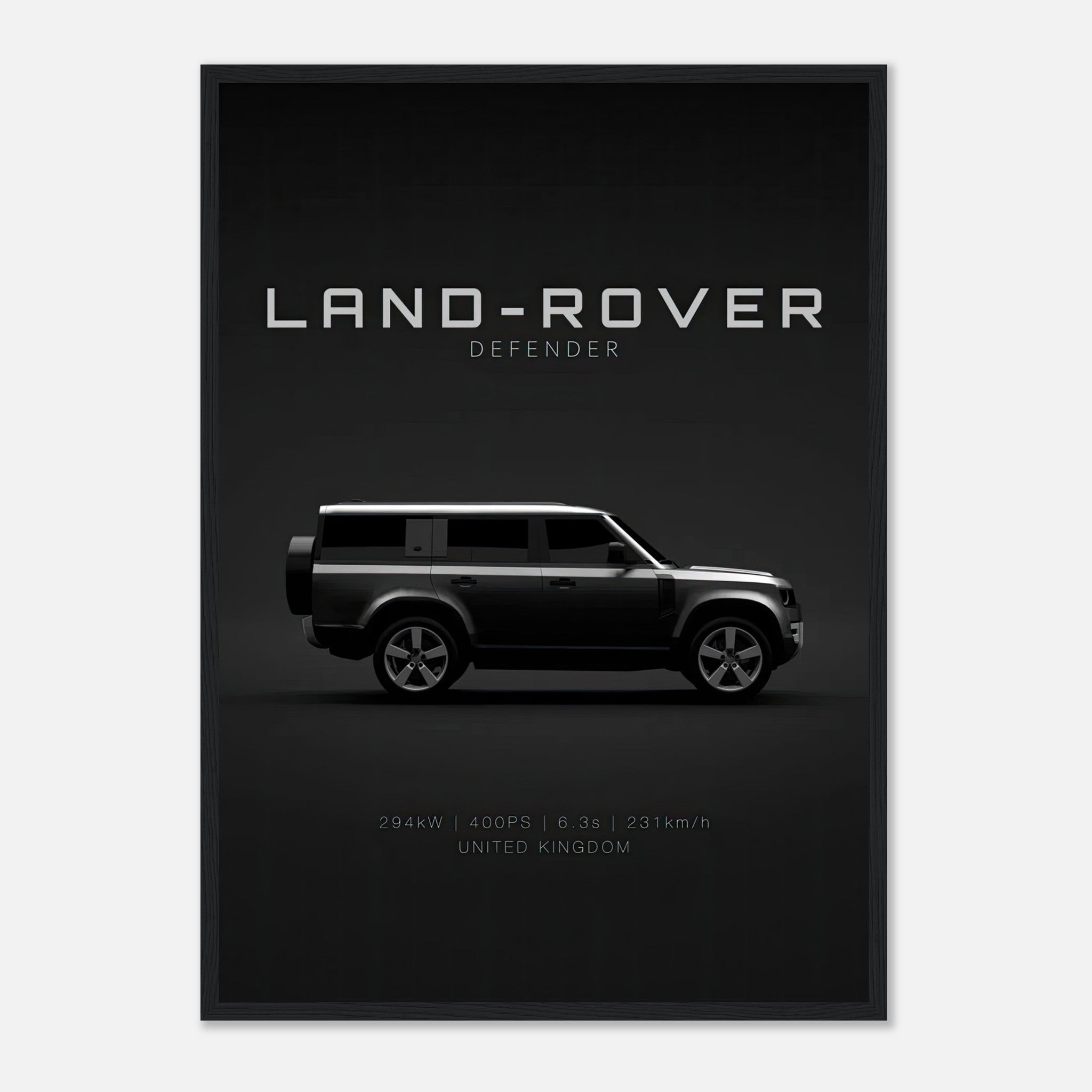 Land Rover Defender framed print showcasing sleek side profile and minimalist design, perfect for automotive enthusiasts.